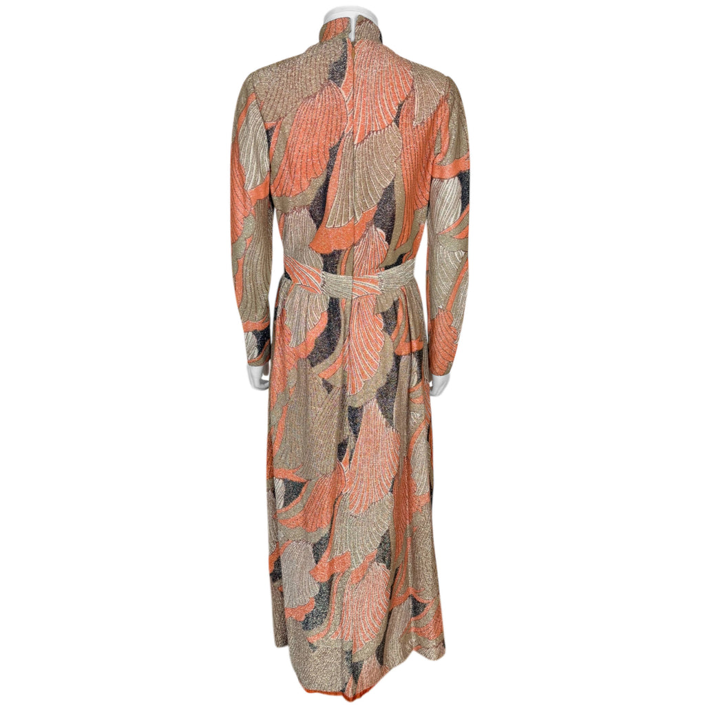 Vintage 1970s Maxi Dress Metallic Knit with Abstract Pattern Size M