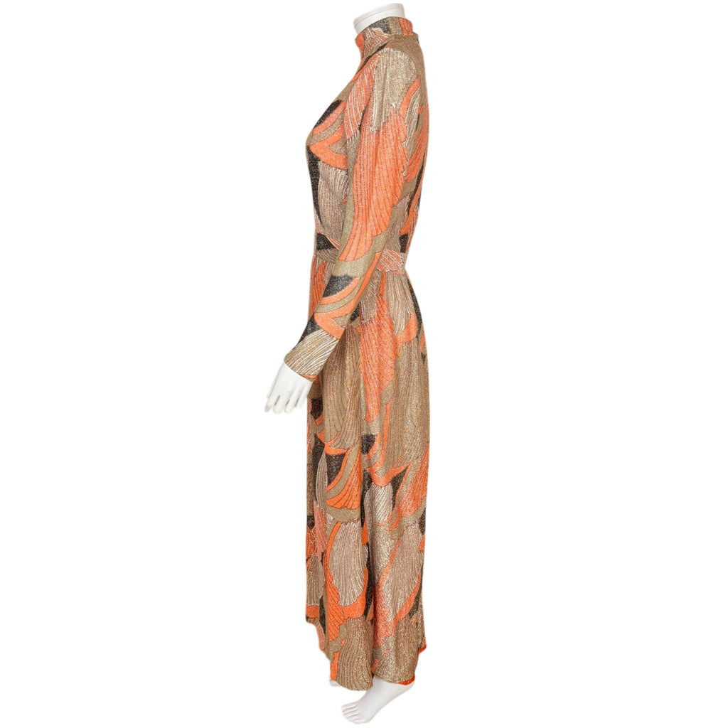 Vintage 1970s Maxi Dress Metallic Knit with Abstract Pattern Size M