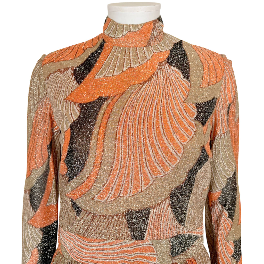 Vintage 1970s Maxi Dress Metallic Knit with Abstract Pattern Size M