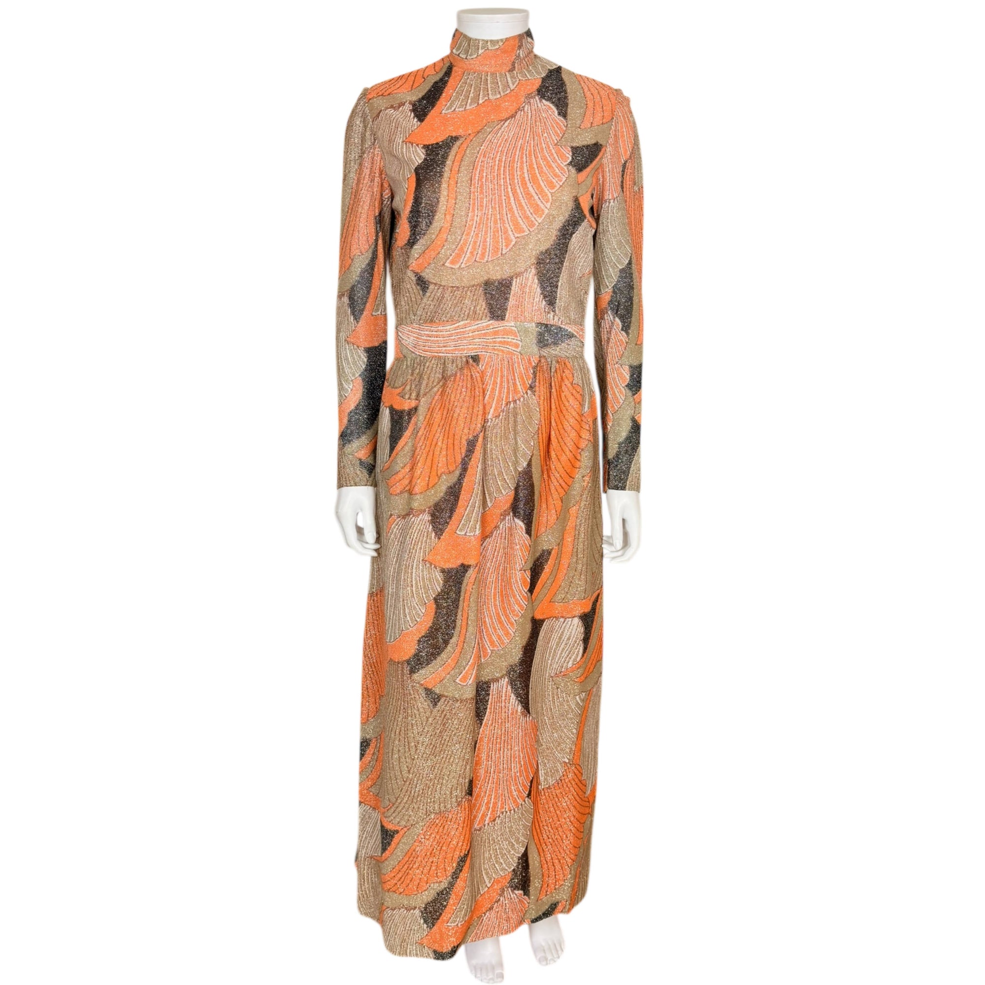 Vintage 1970s Maxi Dress Metallic Knit with Abstract Pattern Size M