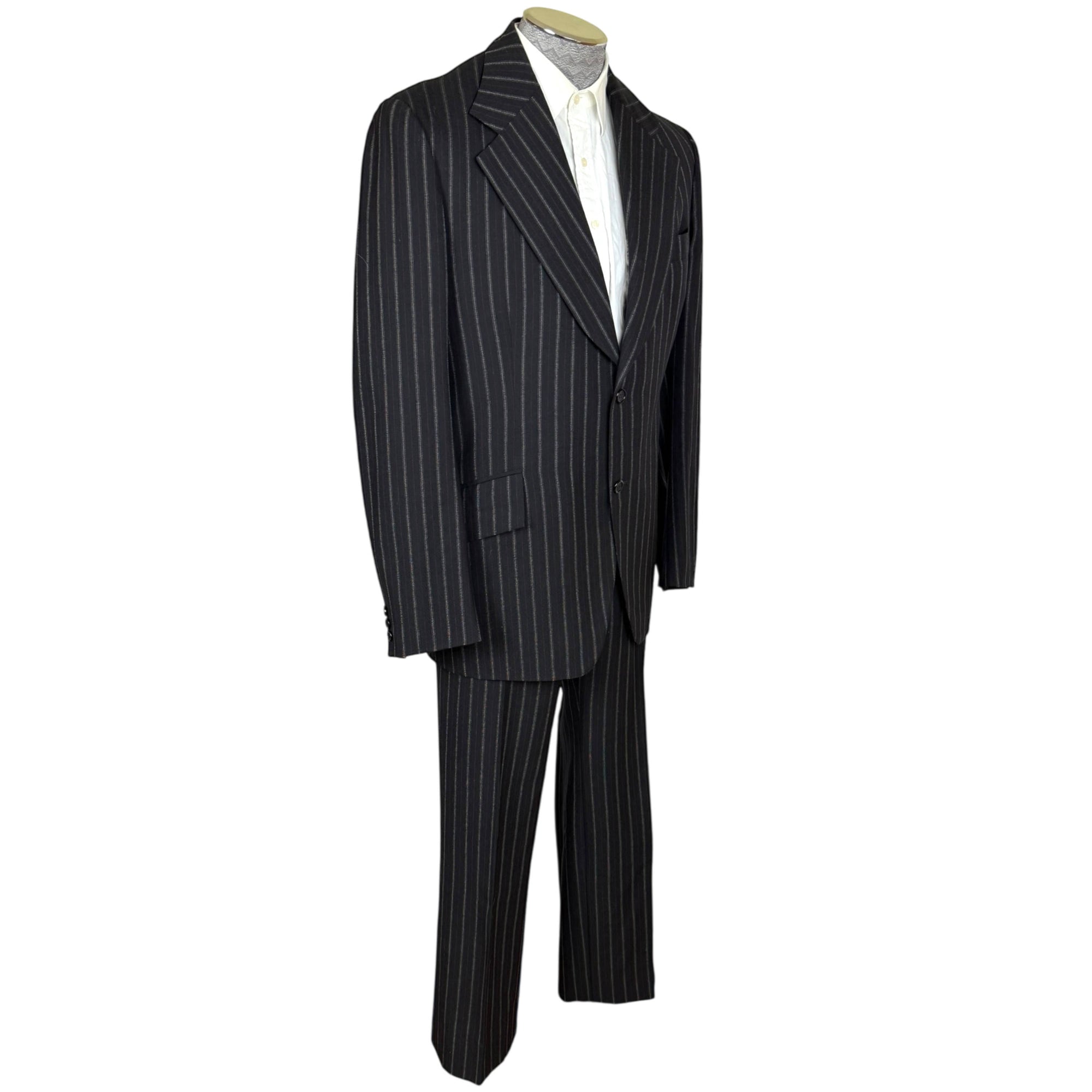 Vintage 1970s Mens Suit Pinstripe Black Wool Custom Size M
