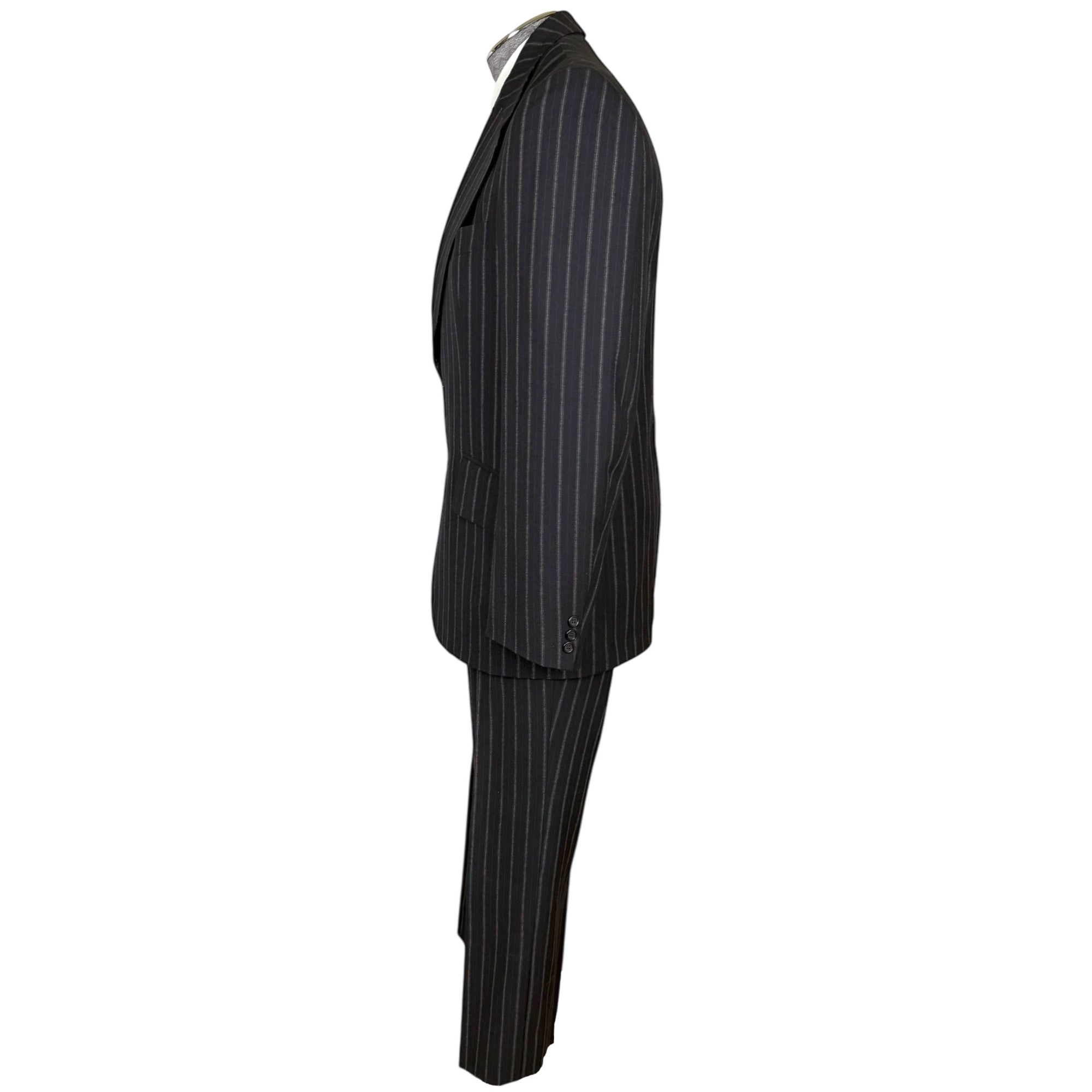 Vintage 1970s Mens Suit Pinstripe Black Wool Custom Size M