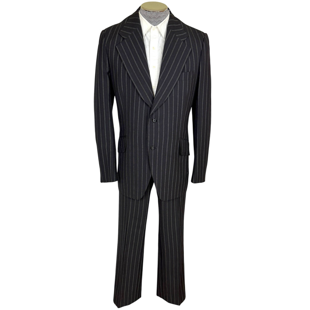 Vintage 1970s Mens Suit Pinstripe Black Wool Custom Size M
