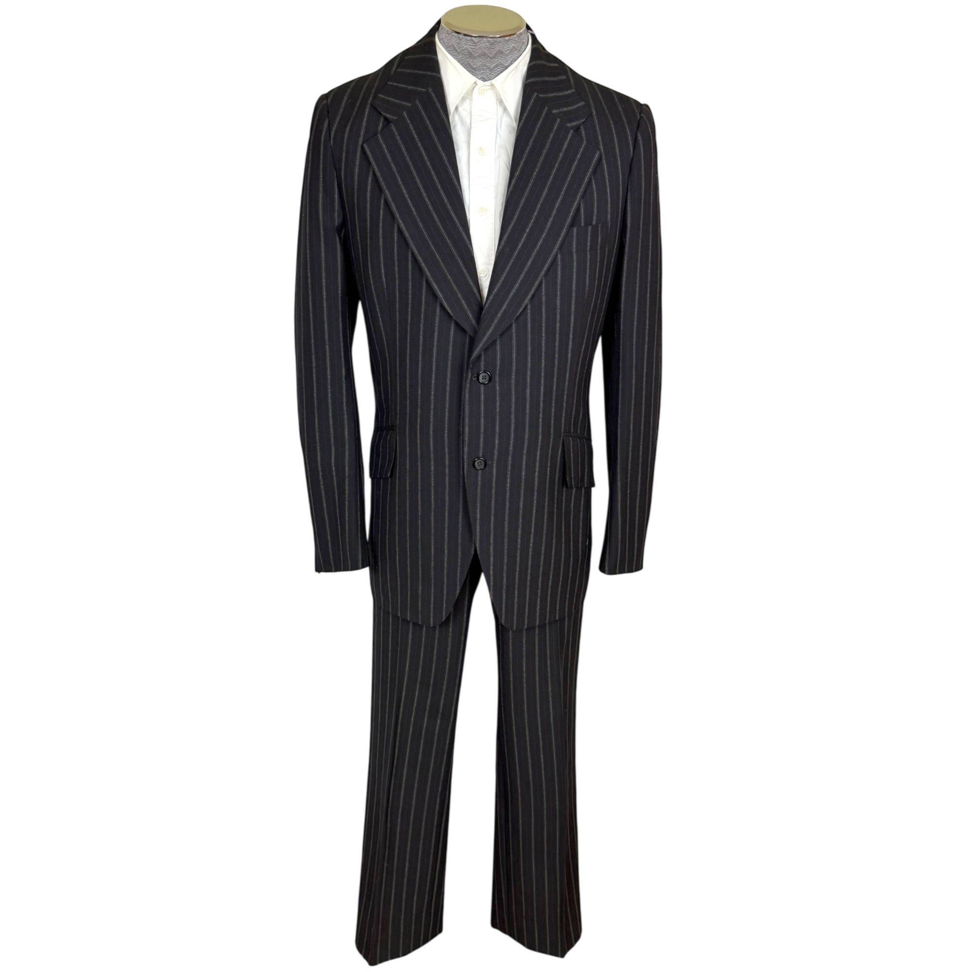 Vintage 1970s Mens Suit Pinstripe Black Wool Custom Size M