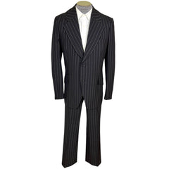 Vintage 1970s Mens Suit Pinstripe Black Wool Custom Size M