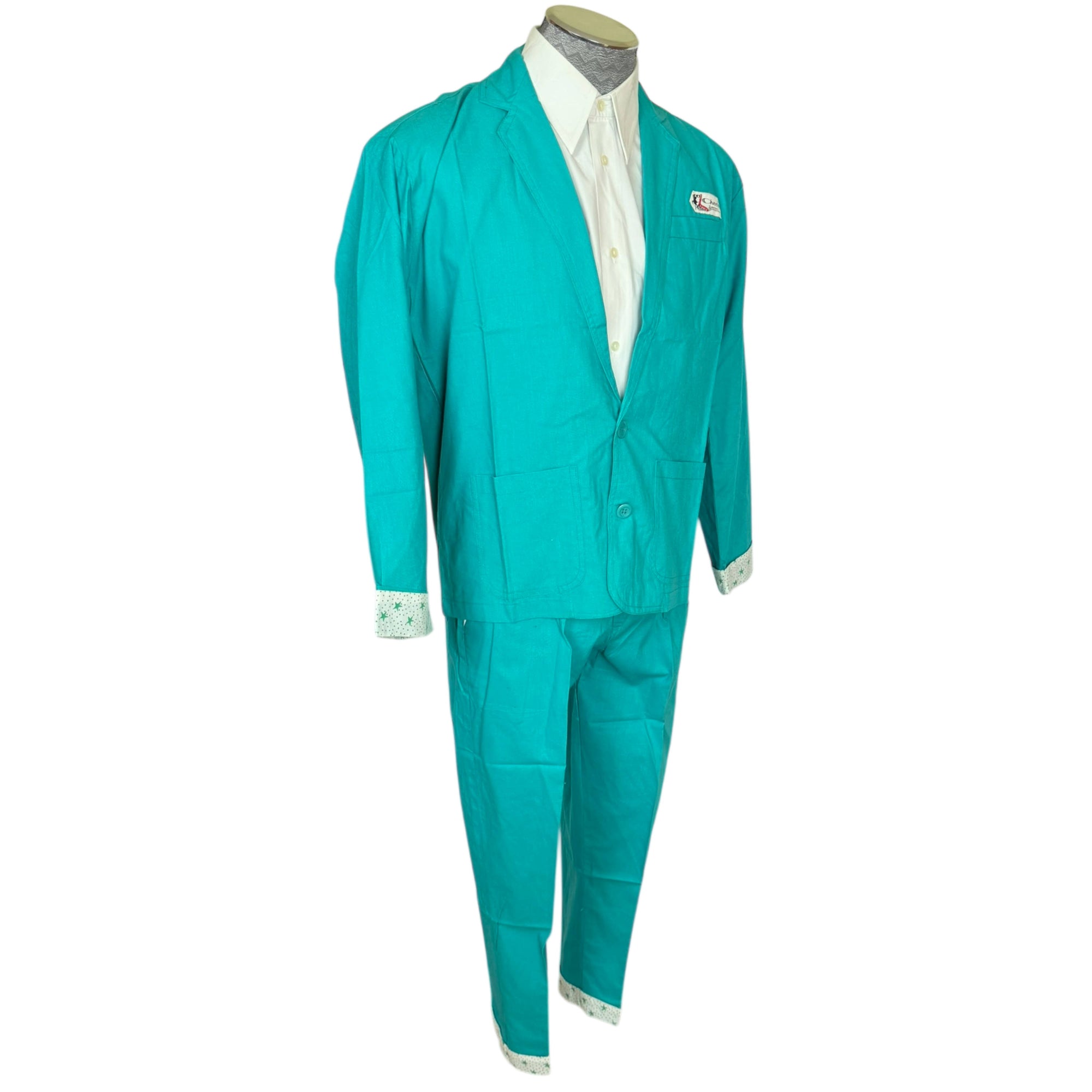 Vintage 1980s New Wave Suit Turquoise Cotton Cheers Brand