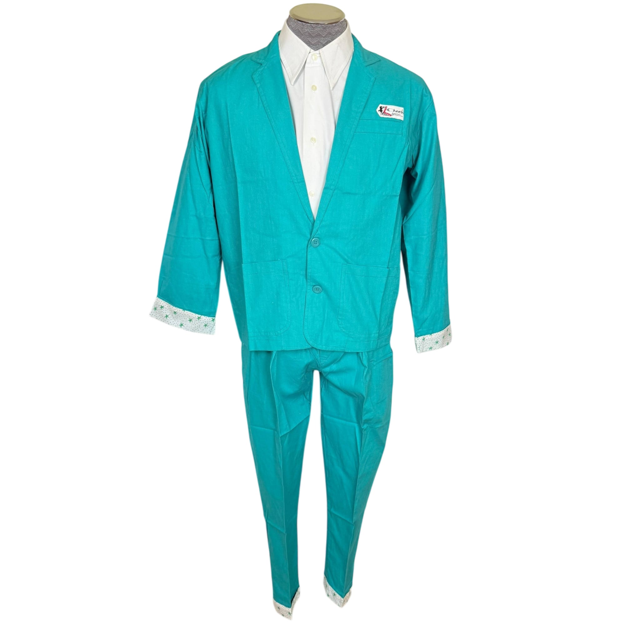 Vintage 1980s New Wave Suit Turquoise Cotton Cheers Brand