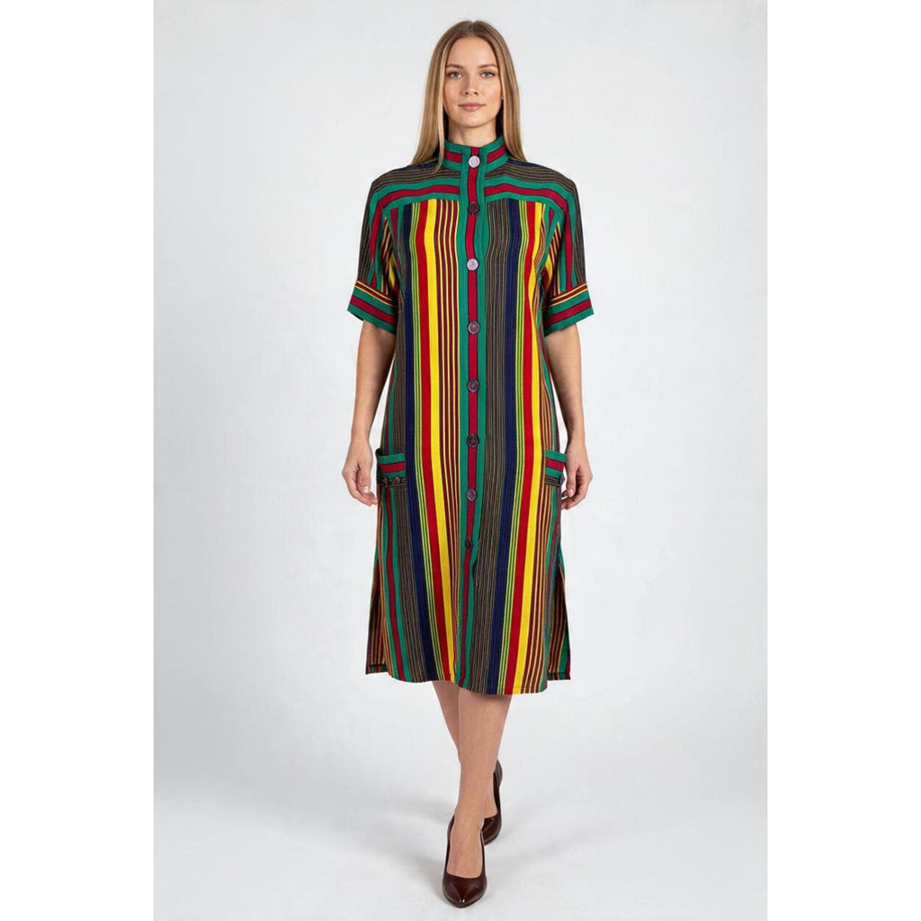 Vintage 1980s Céline Paris Multicolour Striped Rayon Shirt Dress Made in France