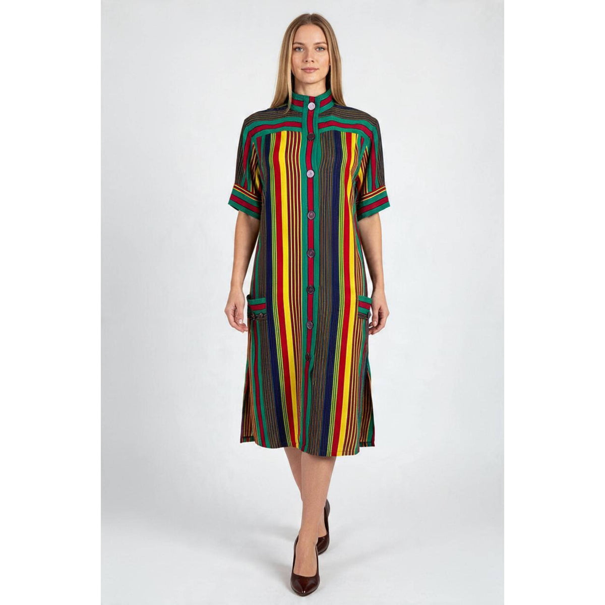 Vintage 1980s Céline Paris Multicolour Striped Rayon Shirt Dress Made in France