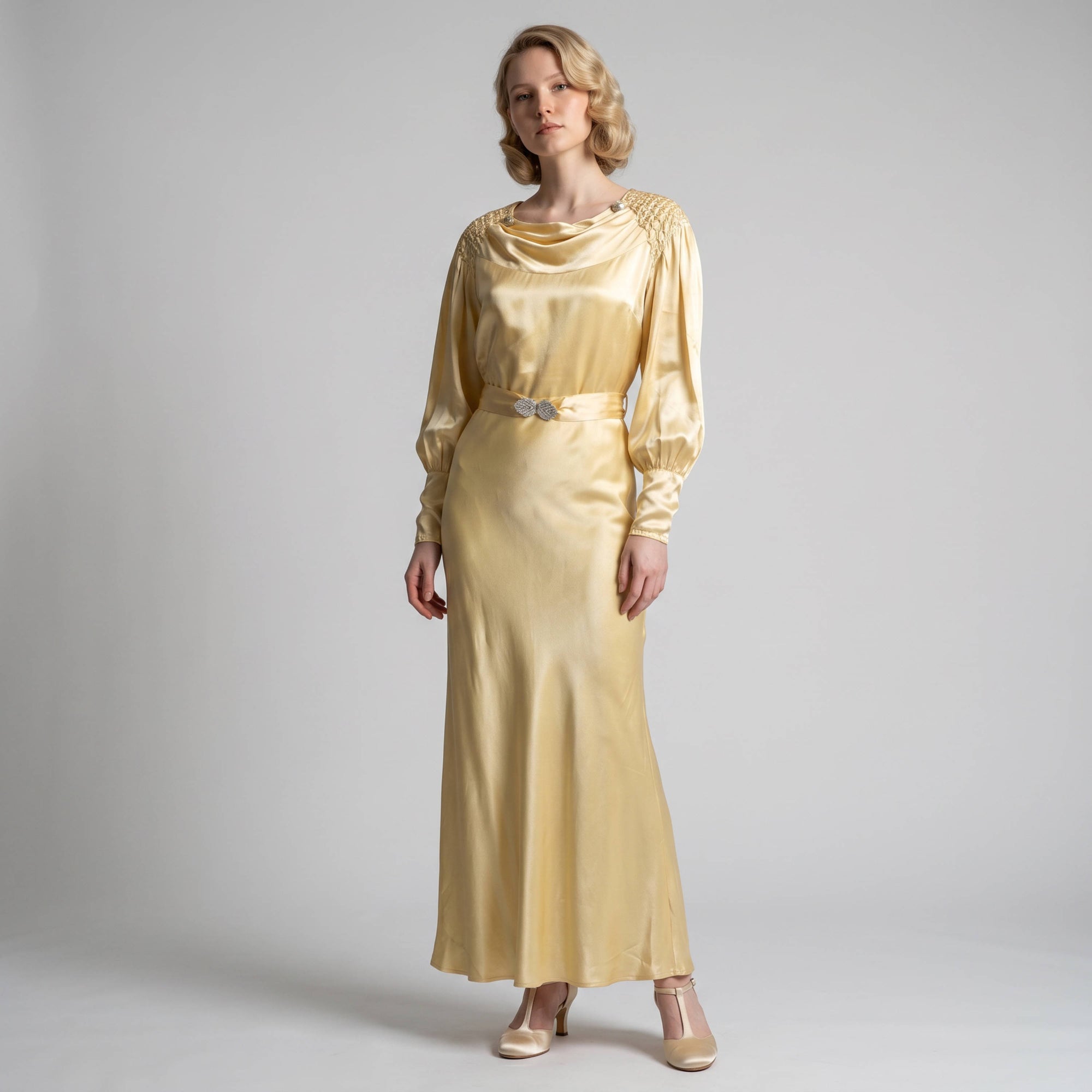 Vintage 1930s Bias Cut Evening Gown Yellow Silk Satin Old Hollywood Dr Poppy's Vintage Clothing Vintage 1930s Bias Cut Evening Gown Yellow Silk Satin Old Hollywood Dr Poppy's Vintage Clothing