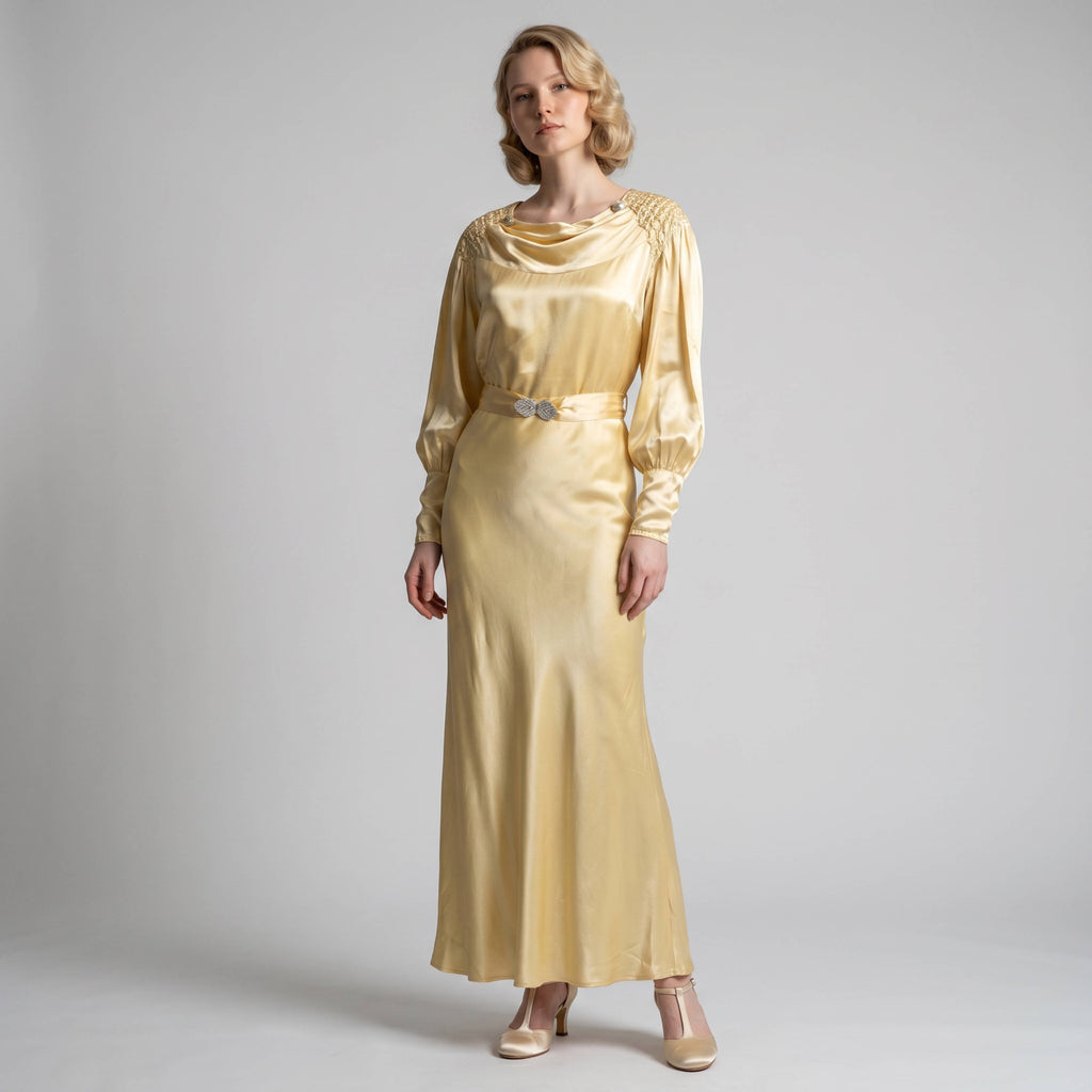 AI Model wearing 1930s bias cut gown