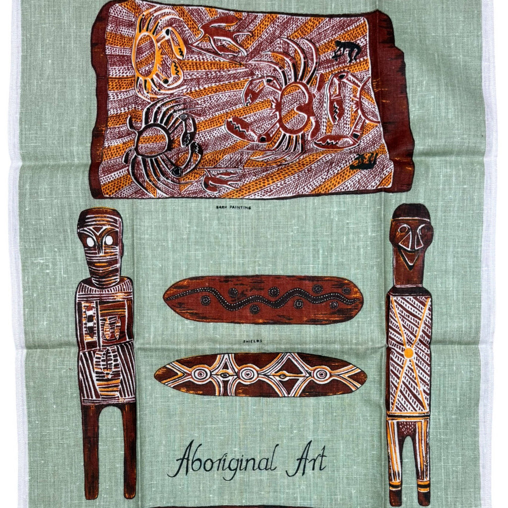 detail of vintage Australian Aboriginal Art Linen Tea Towel 