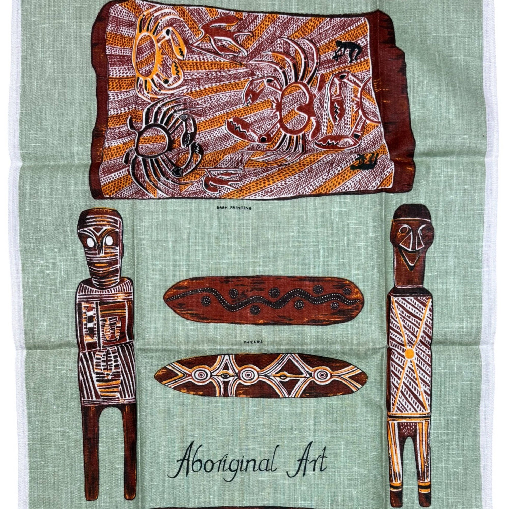 detail of vintage Australian Aboriginal Art Linen Tea Towel 