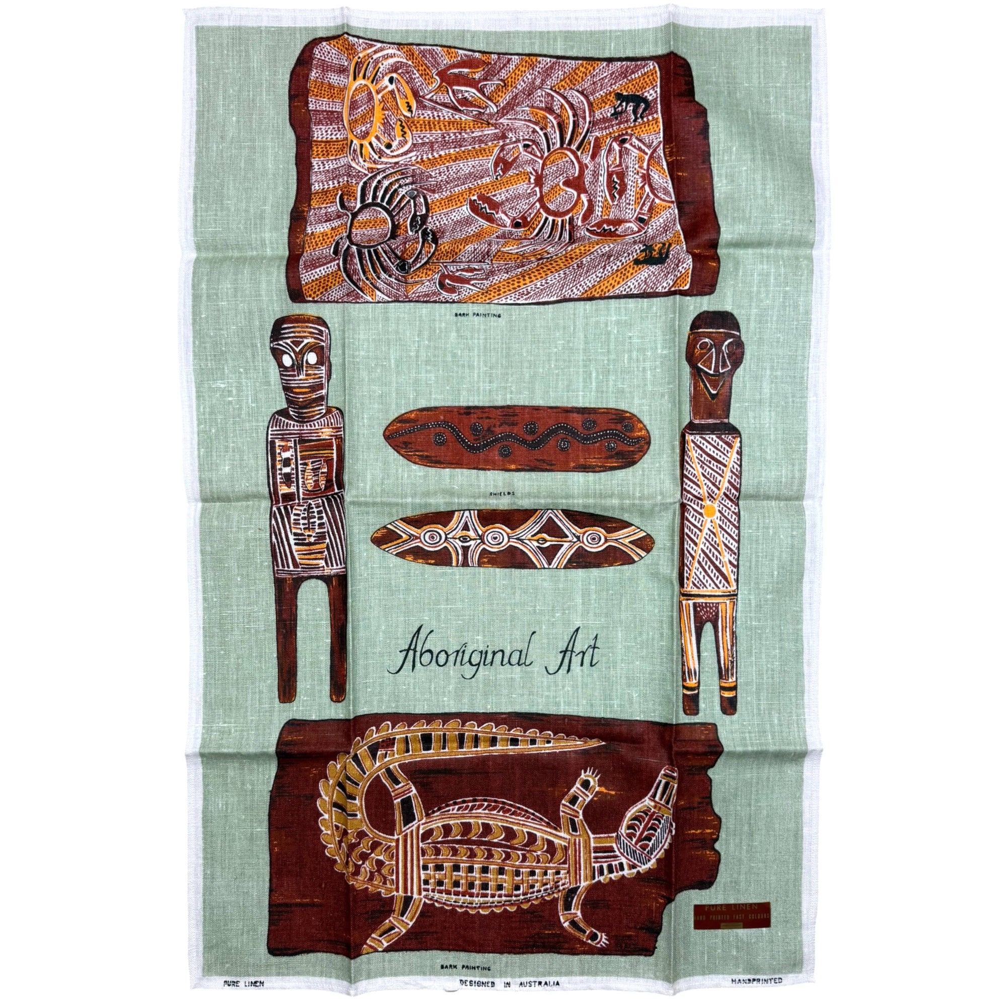 Vintage Australian Aboriginal Art Linen Tea Towel Hand Printed Pure Linen Bark Painting Souvenir c.1960s–1970s