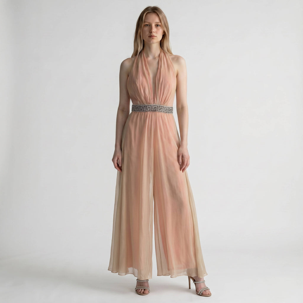 Alfred Fiandaca Couture Silk Chiffon Palazzo Jumpsuit Gown – Grecian Halter Evening Dress