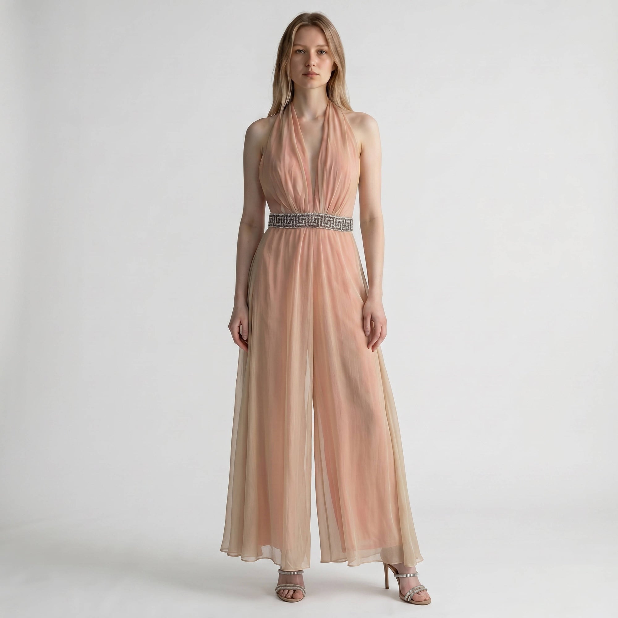 Alfred Fiandaca Couture Silk Chiffon Palazzo Jumpsuit Gown – Grecian Halter Evening Dress