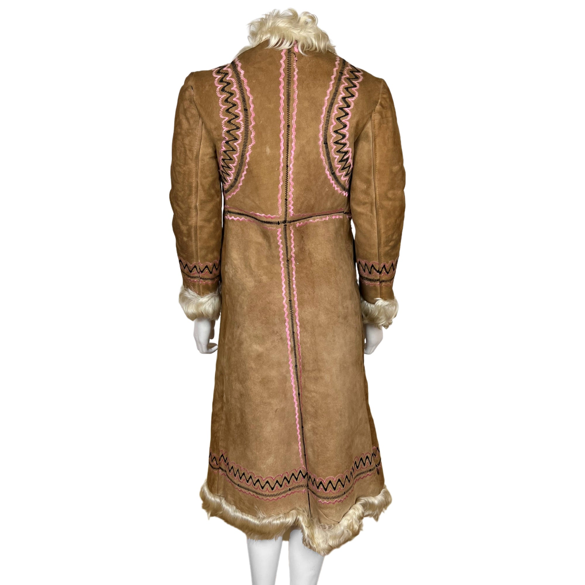 1970s Vintage Embroidered Sheepskin Coat w Mongolian Lamb S