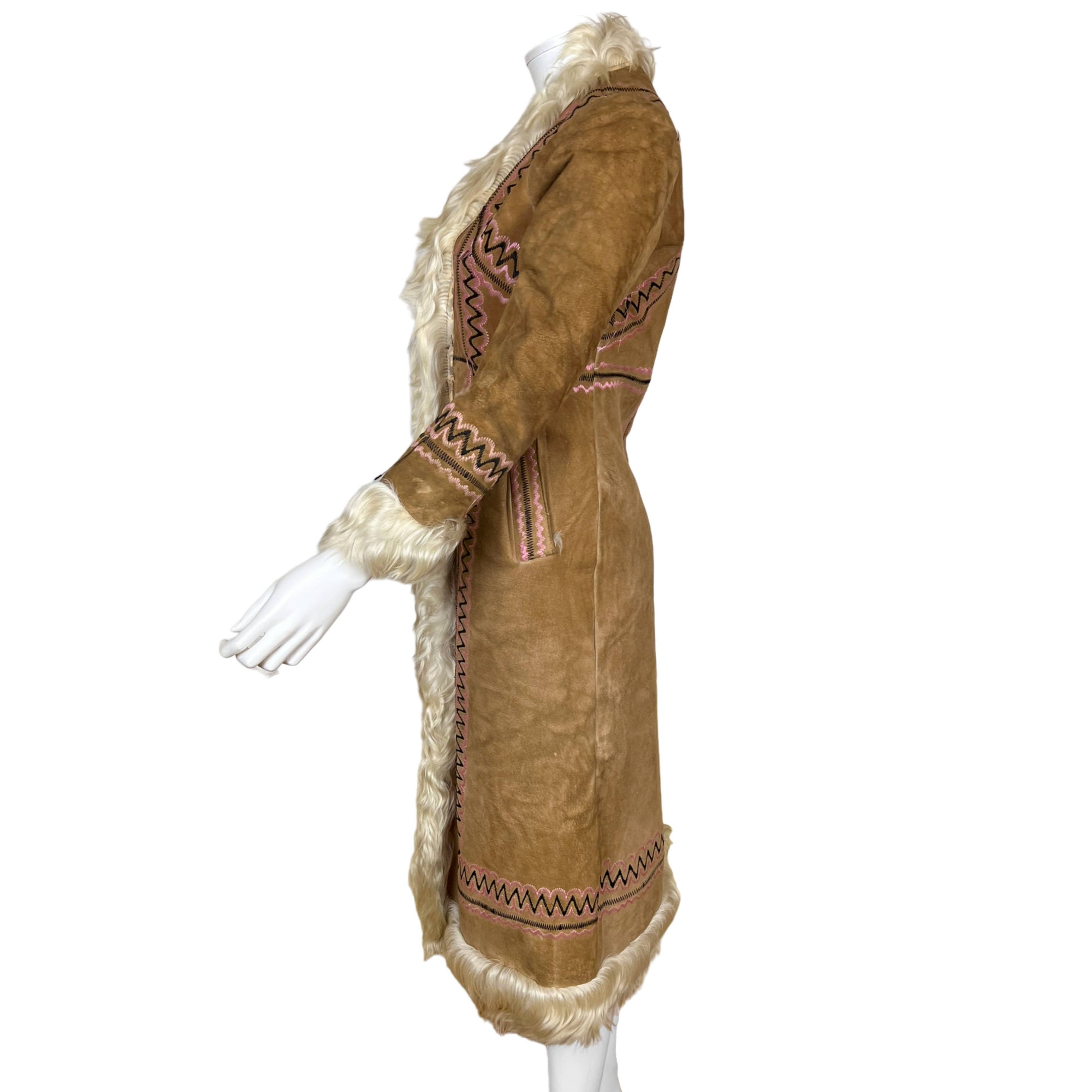 1970s Vintage Embroidered Sheepskin Coat w Mongolian Lamb S