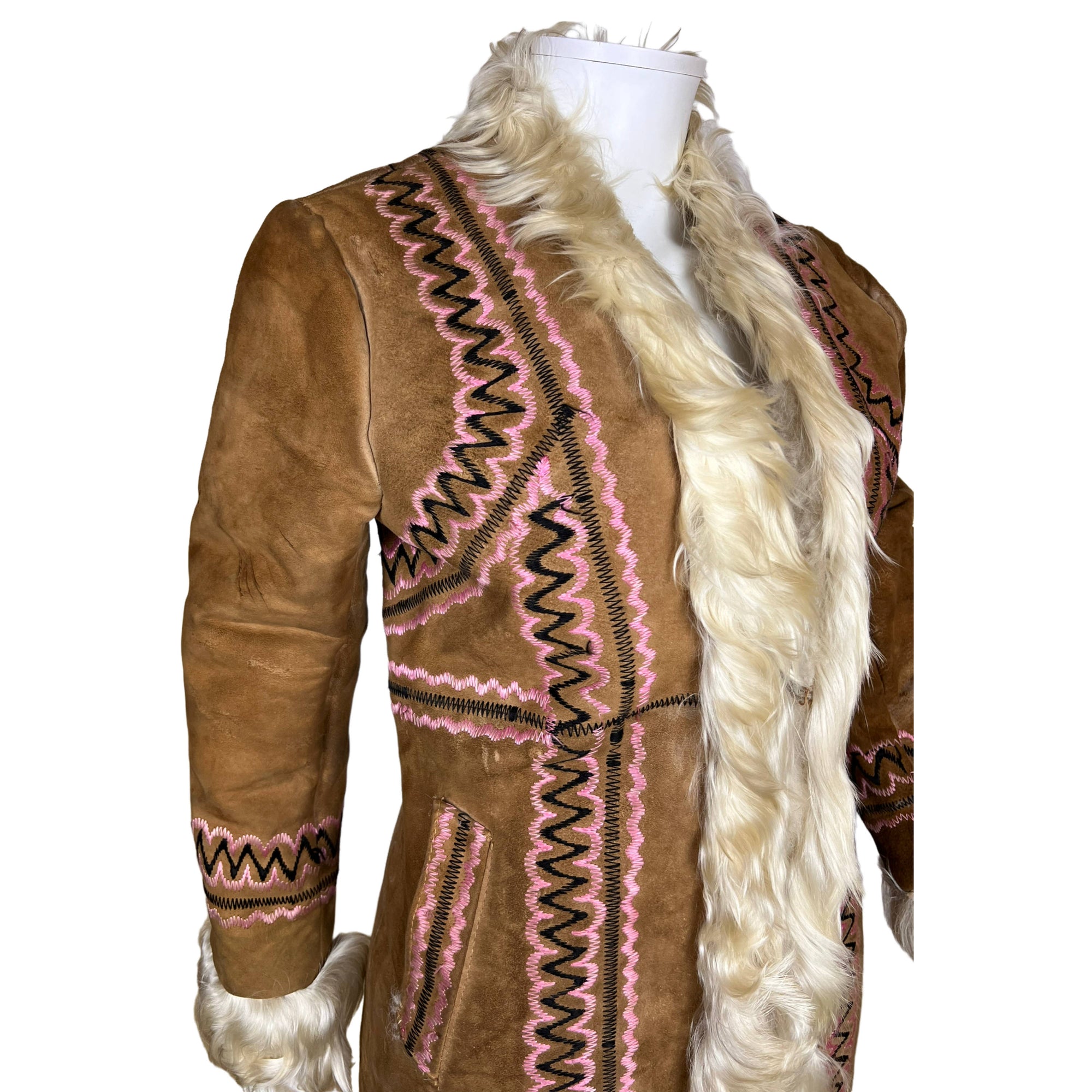 1970s Vintage Embroidered Sheepskin Coat w Mongolian Lamb S