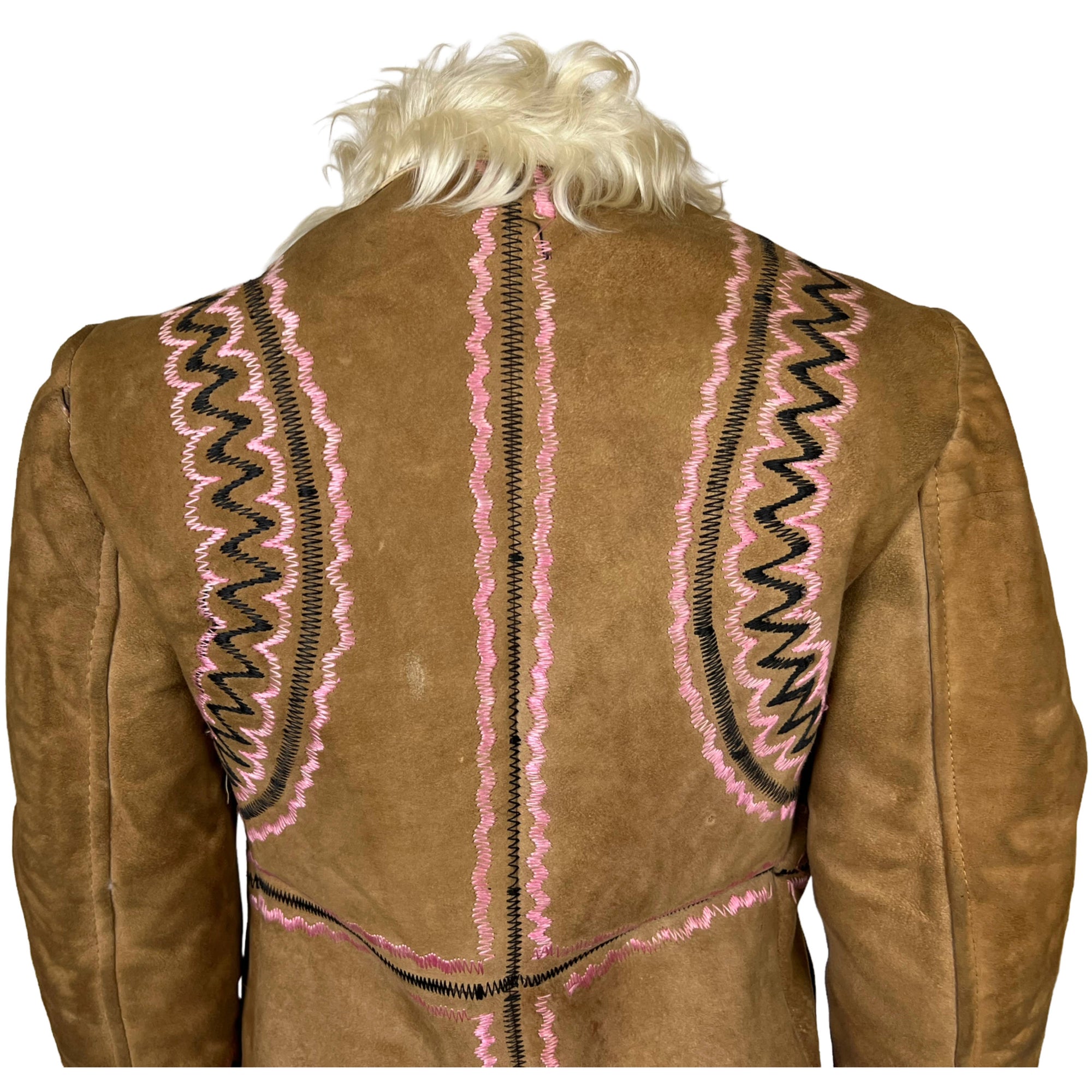 1970s Vintage Embroidered Sheepskin Coat w Mongolian Lamb S