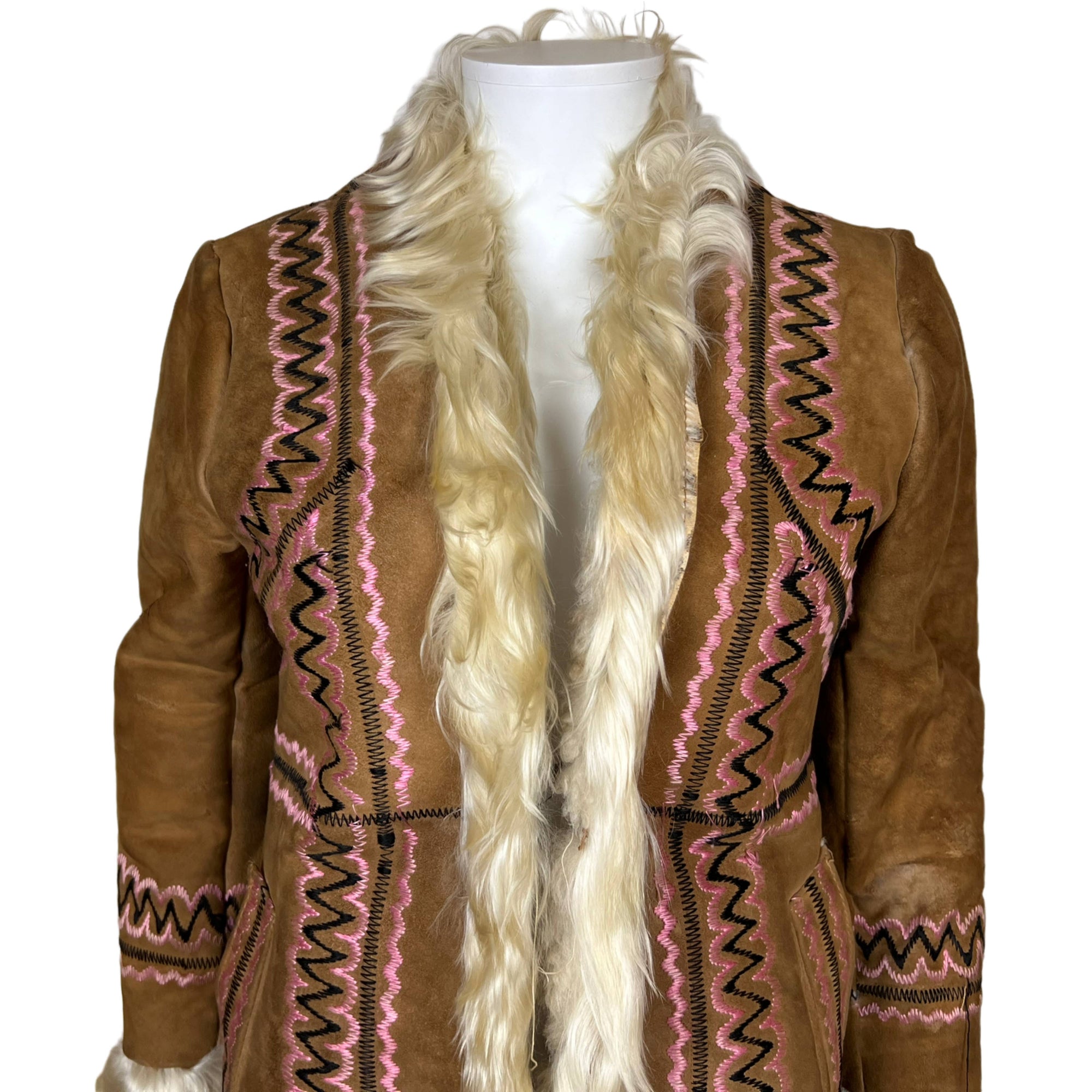 1970s Vintage Embroidered Sheepskin Coat w Mongolian Lamb S