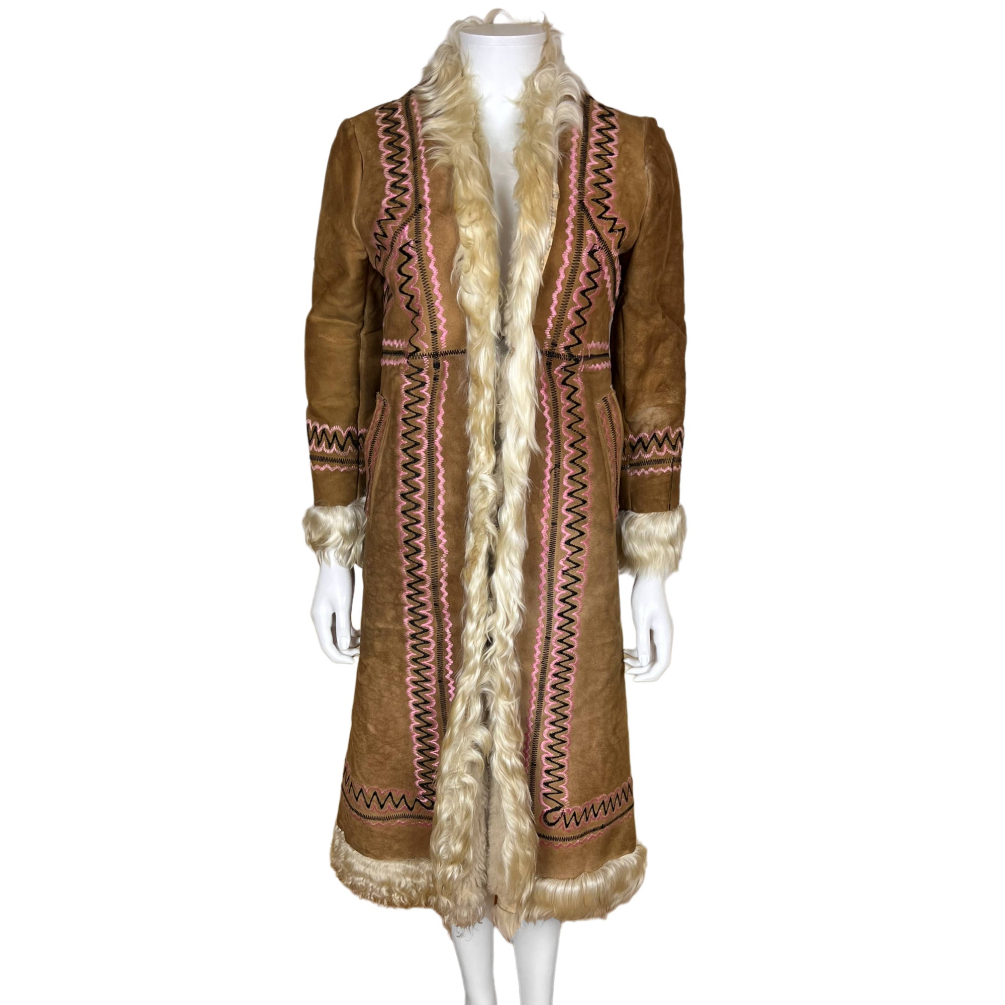 1970s Vintage Embroidered Sheepskin Coat w Mongolian Lamb S