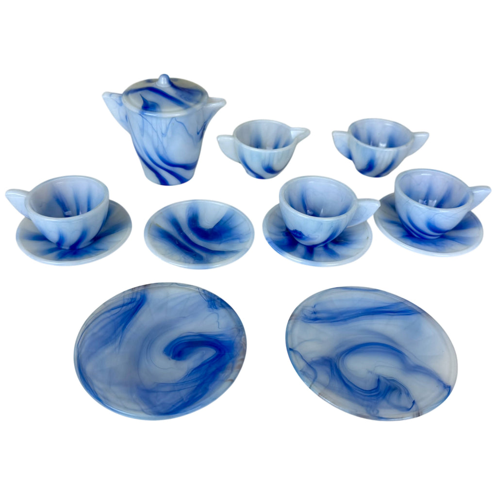 Vintage Akro Agate Childen’s Tea Set Blue Slag Glass 14 Pieces