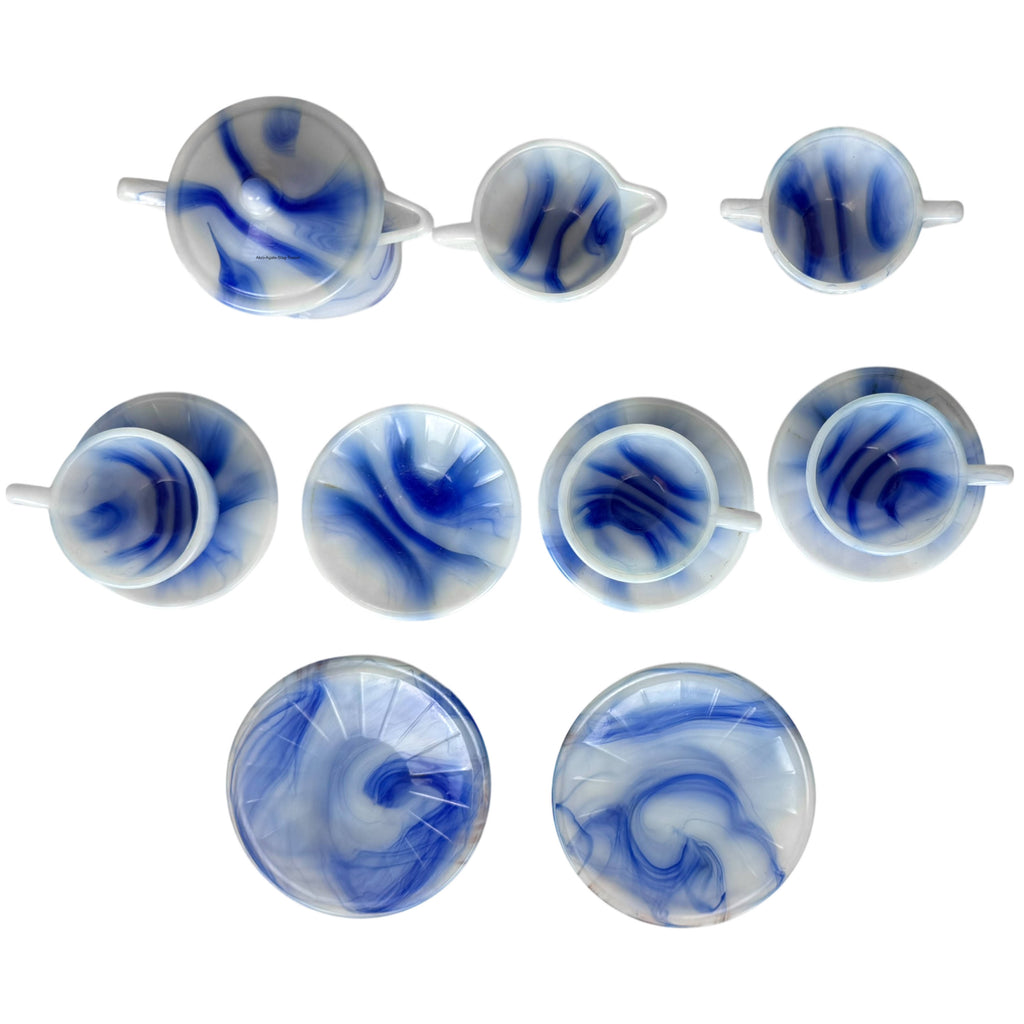 Vintage Akro Agate Childen’s Tea Set Blue Slag Glass 14 Pieces