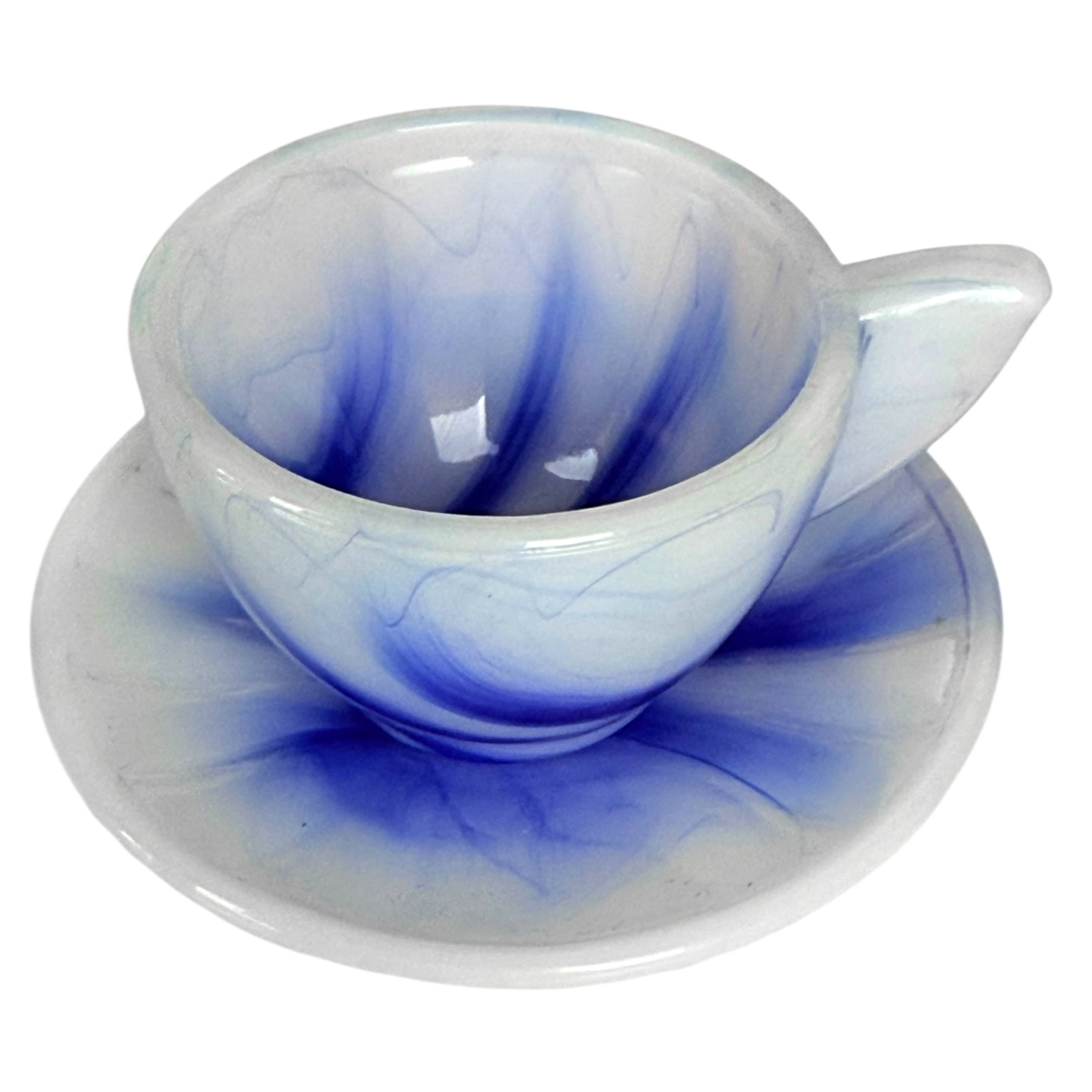 Vintage Akro Agate Little American Maid Tea Set Blue Slag Glass 14