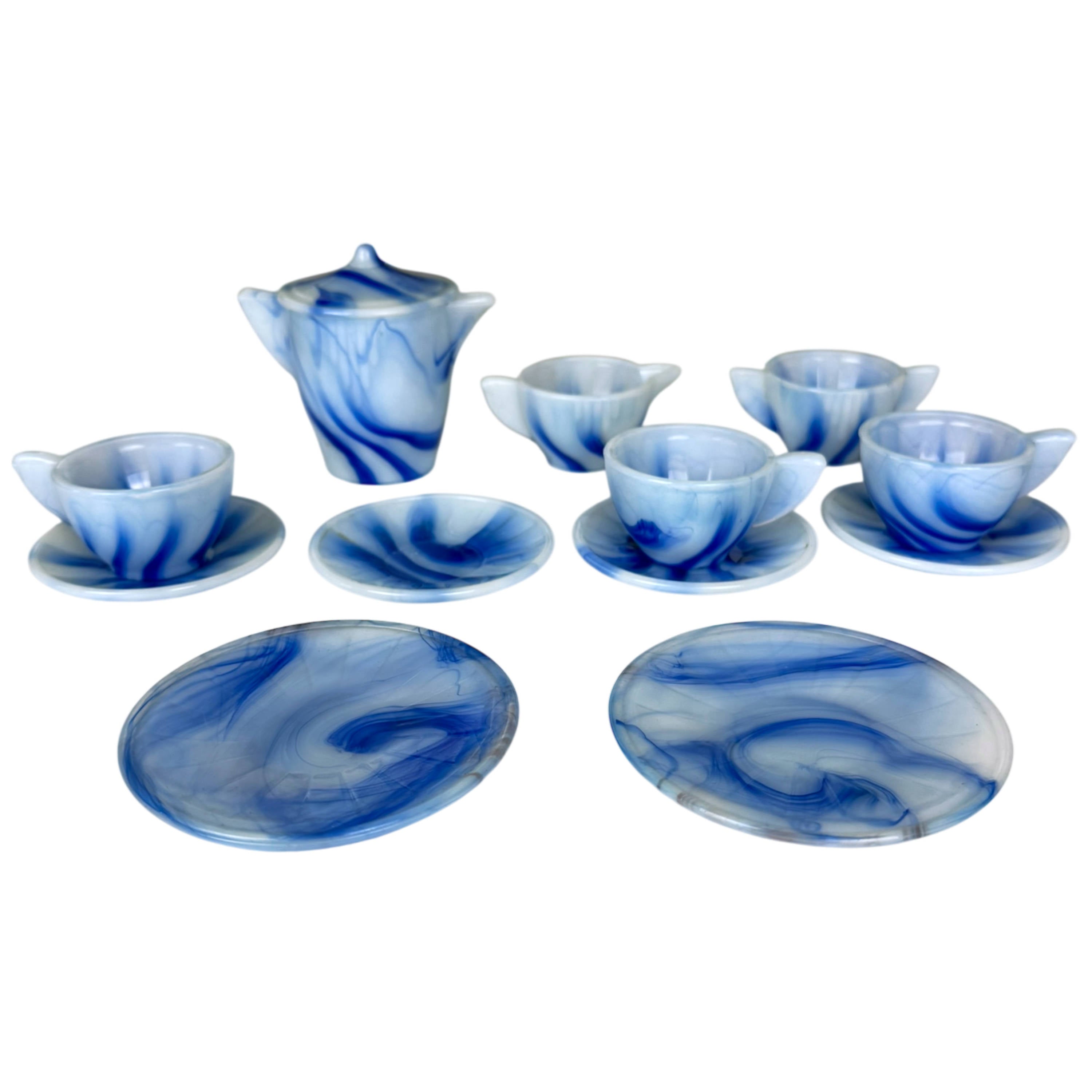 Vintage Akro Agate Little American Maid Tea Set Blue Slag Glass 14