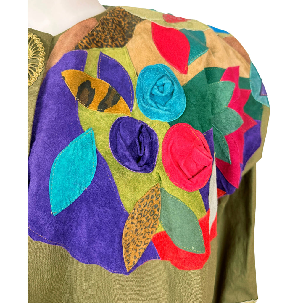 close-up of suede leather appliques on 80s jacket