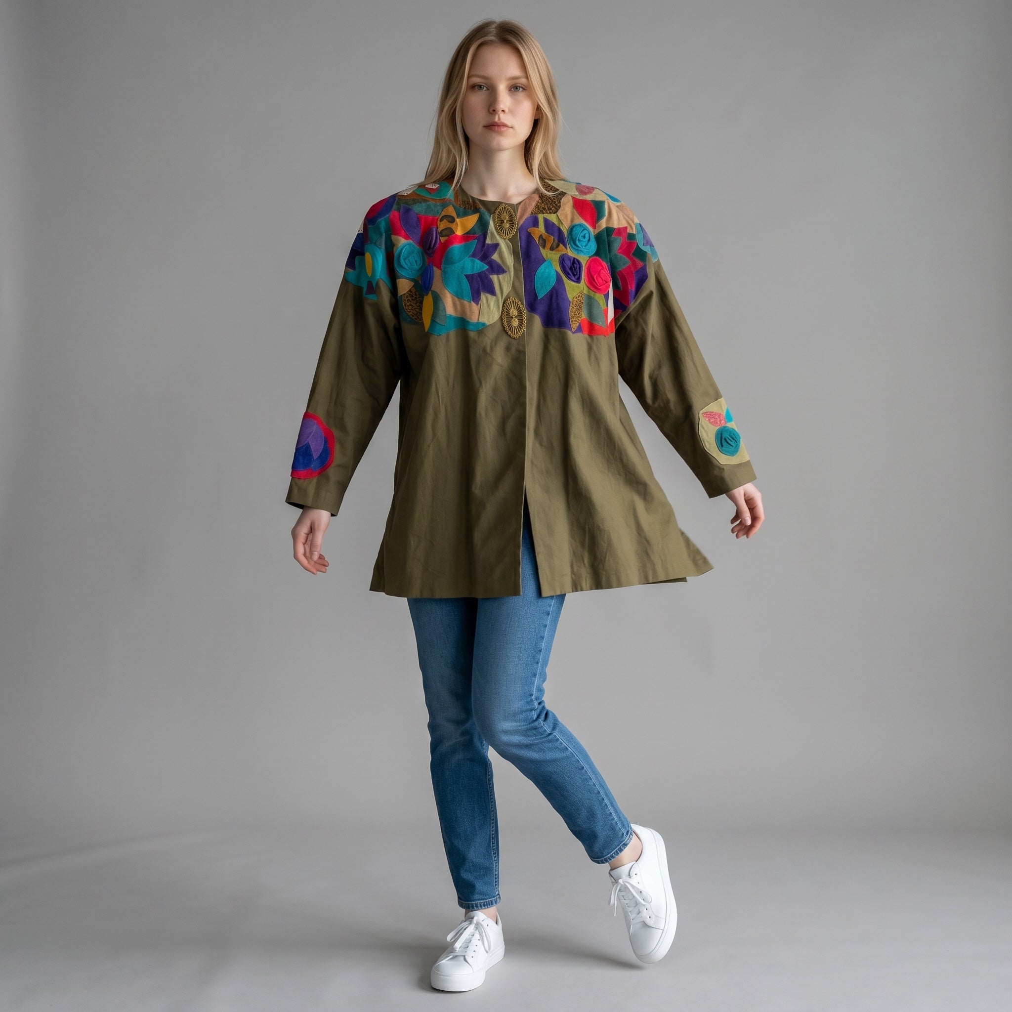 Vintage 1980s Jacket with Leather Appliqué Oversized Style Size L