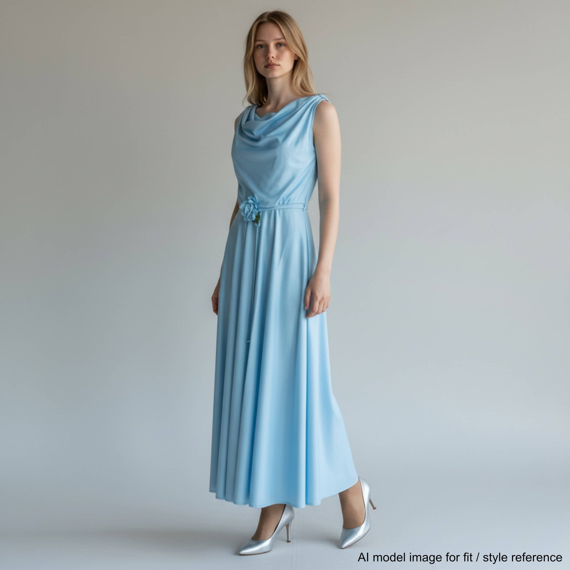 AI model wearing vintage 1970s maxi dress by Algo 