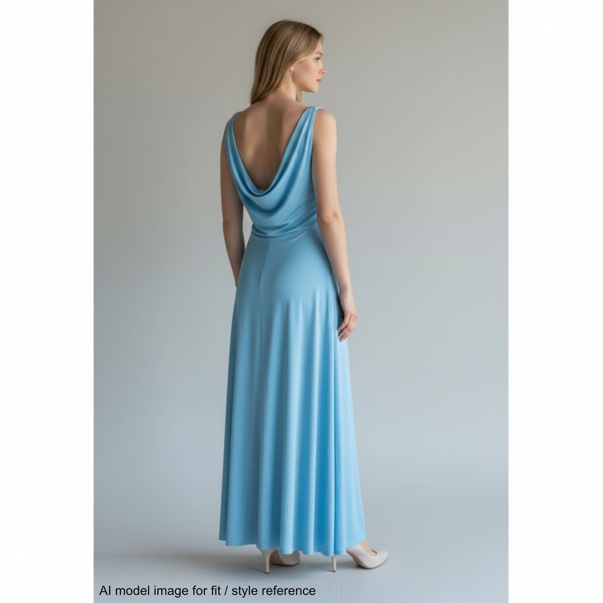 Back view of AI model wearing vintage 1970s maxi dress by Algo 