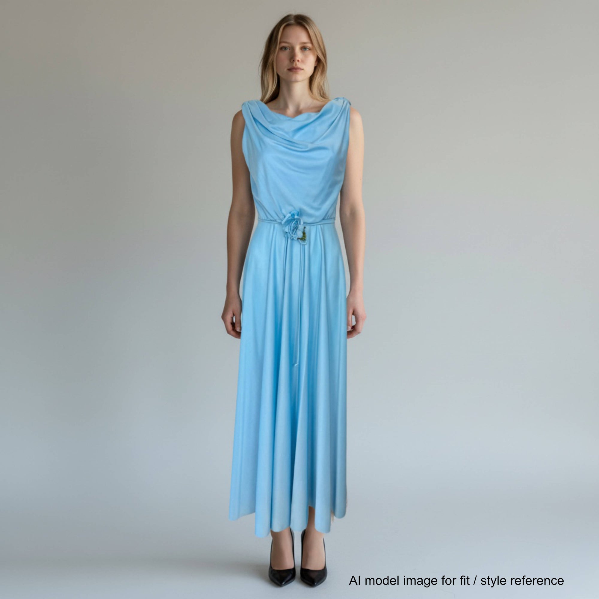 Front view of AI model wearing vintage 1970s maxi dress by Algo 