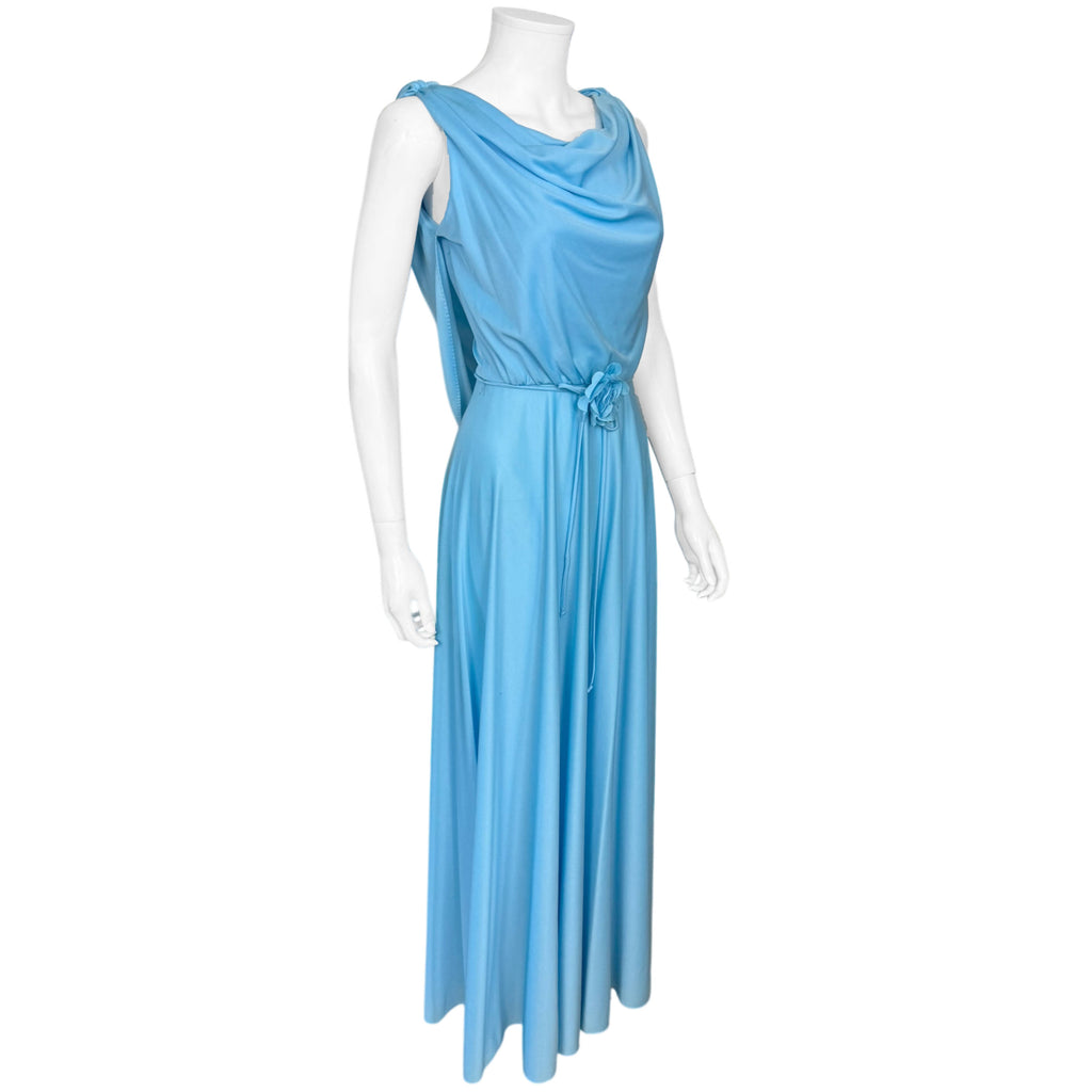 Angled view of vintage 1970s maxi dress by Algo 