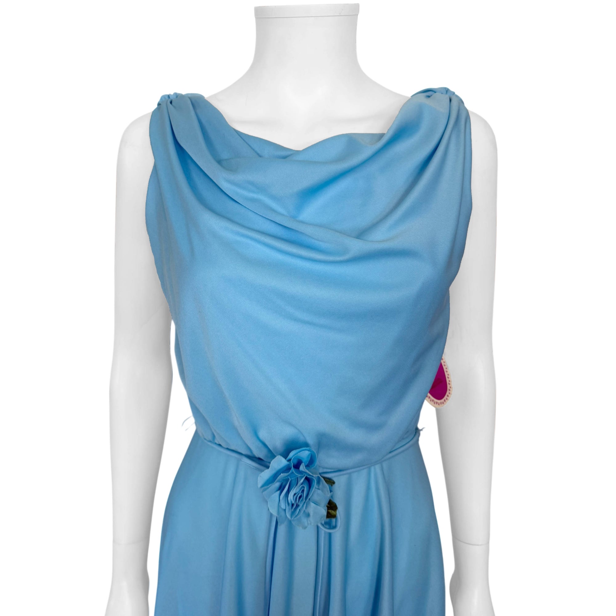 Close up of bodice of vintage 1970s maxi dress by Algo 