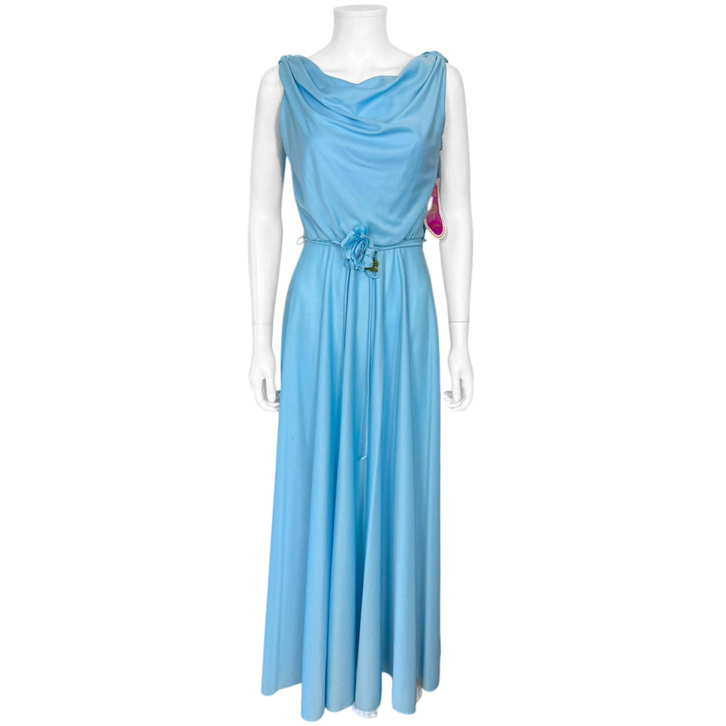 Deadstock Vintage 1970s Maxi Dress by Algo Blue Polyester Jersey