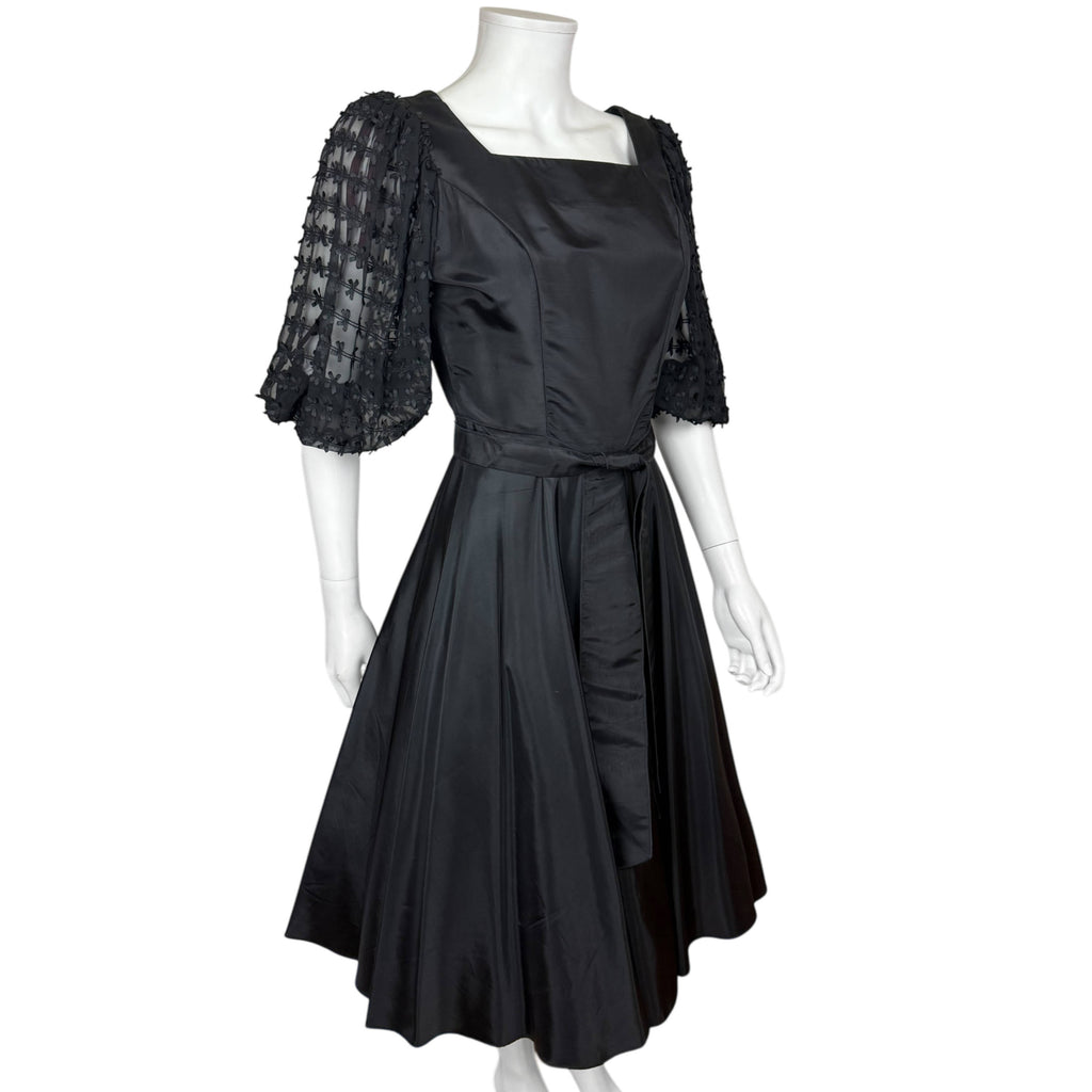 Vintage 1970s Black Dress with Textured Sheer Sleeves Algo-ettes Canada