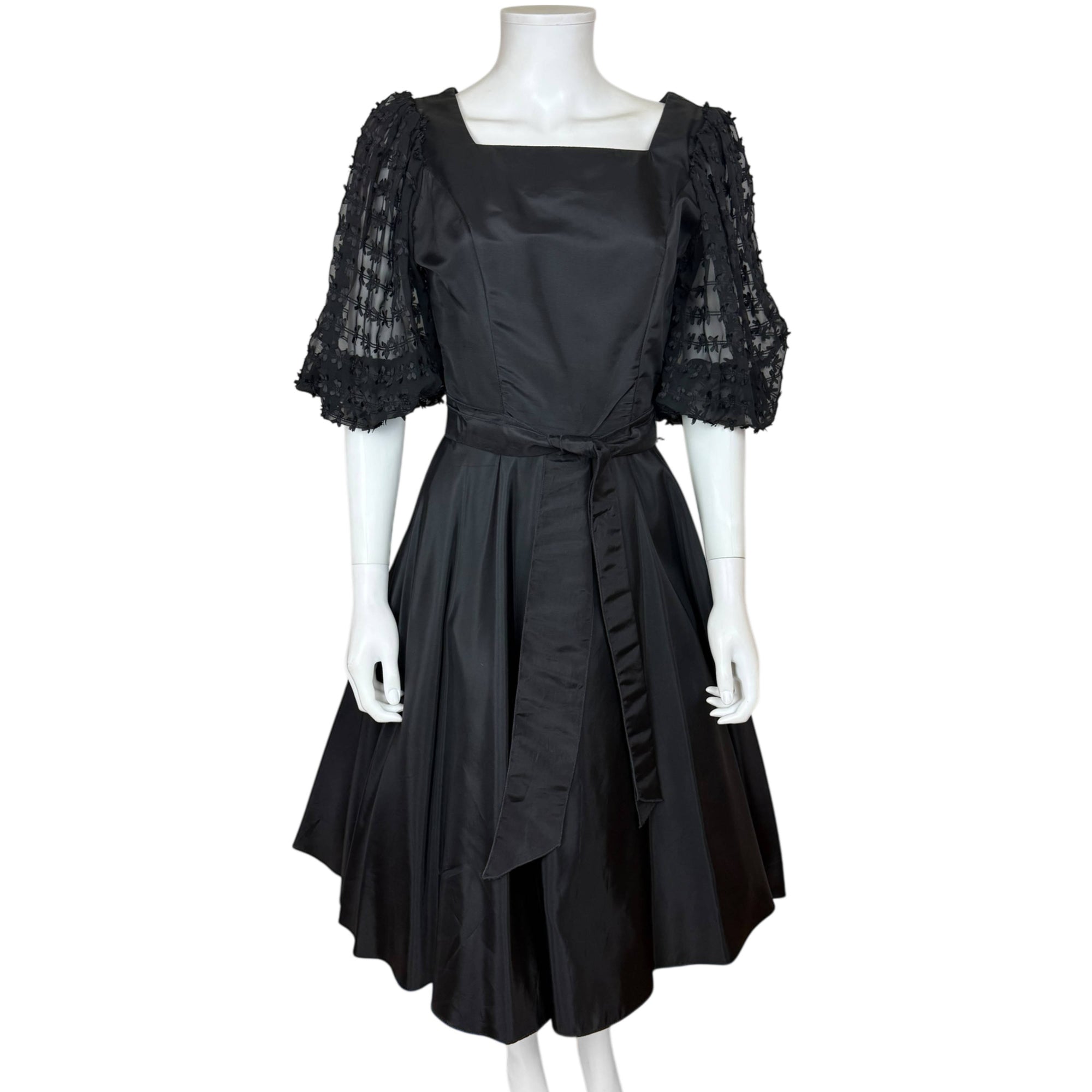 Vintage 1970s Black Dress with Textured Sheer Sleeves Algo-ettes Canada