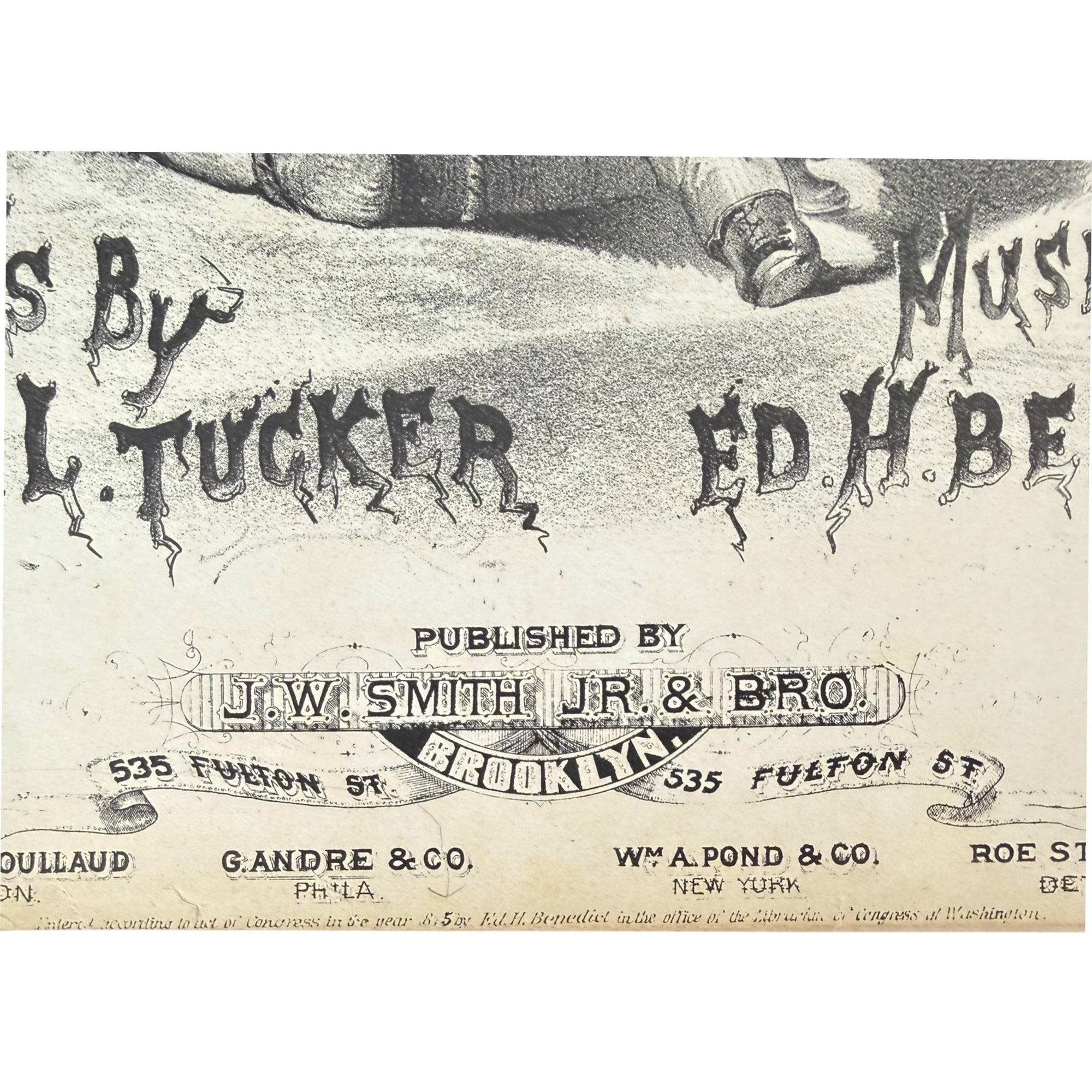 Vintage printed sheet music cover or publisher label with black gothic-style lettering on aged cream paper, including publisher's name