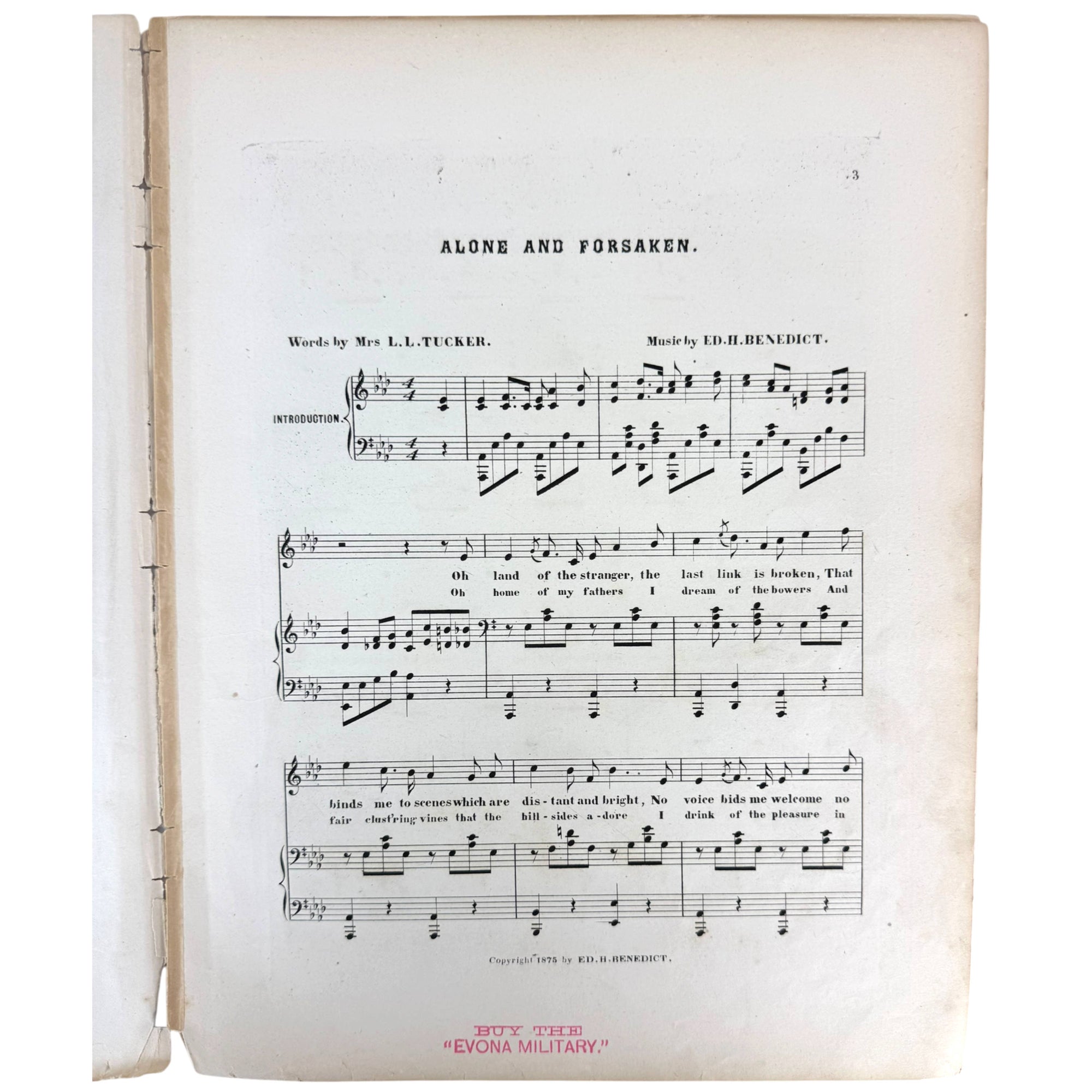 A vintage sheet music page for the song 'Alone and Forsaken' with printed musical notation, lyrics, and a worn aged paper cover.