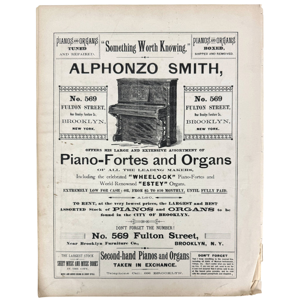 A vintage printed advertisement page on the back of sheet music for Alphonso Smith piano, fortepiano, and organ dealership, with a central illustration of a piano and multiple boxed text sections on aged paper.