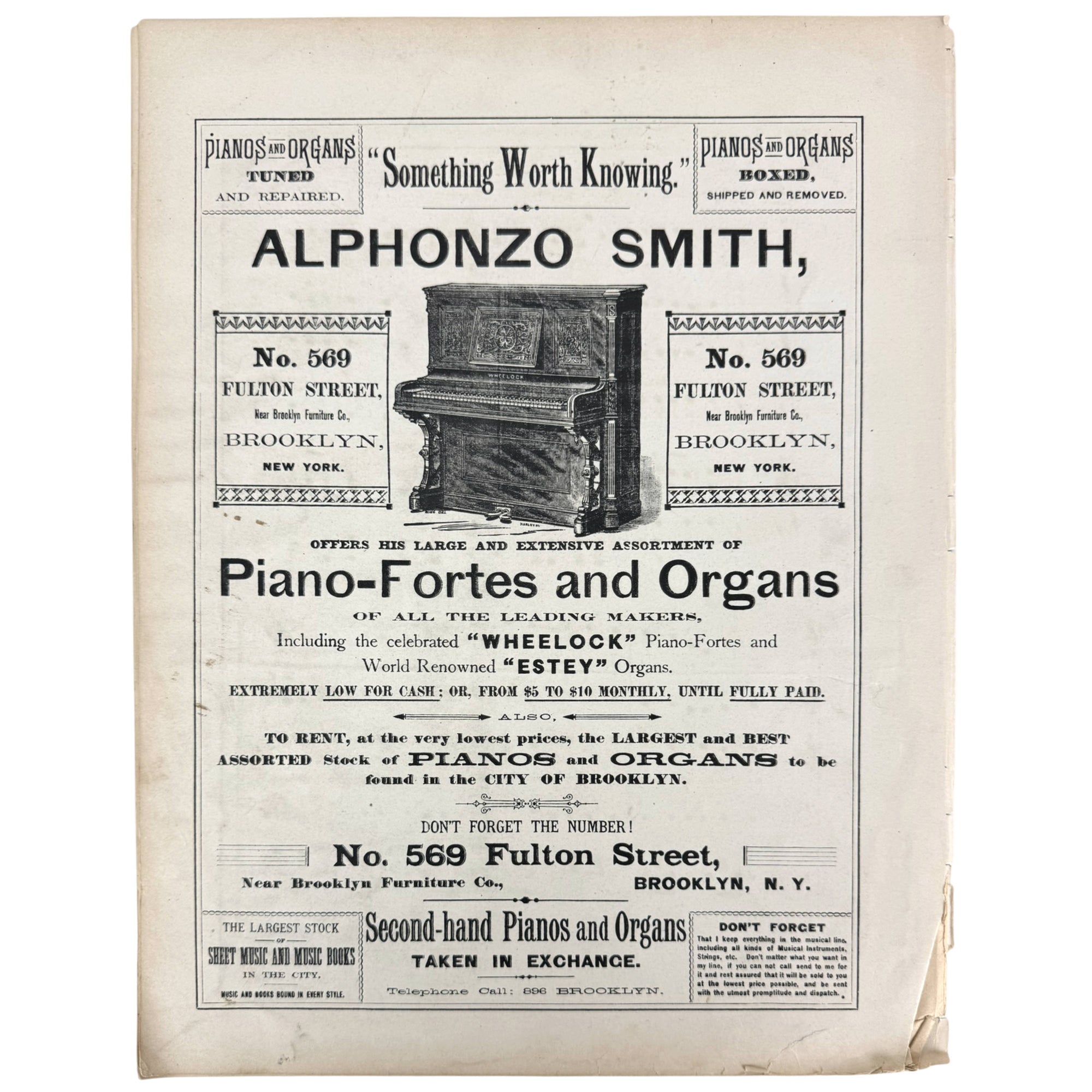 A vintage printed advertisement page on the back of sheet music for Alphonso Smith piano, fortepiano, and organ dealership, with a central illustration of a piano and multiple boxed text sections on aged paper.