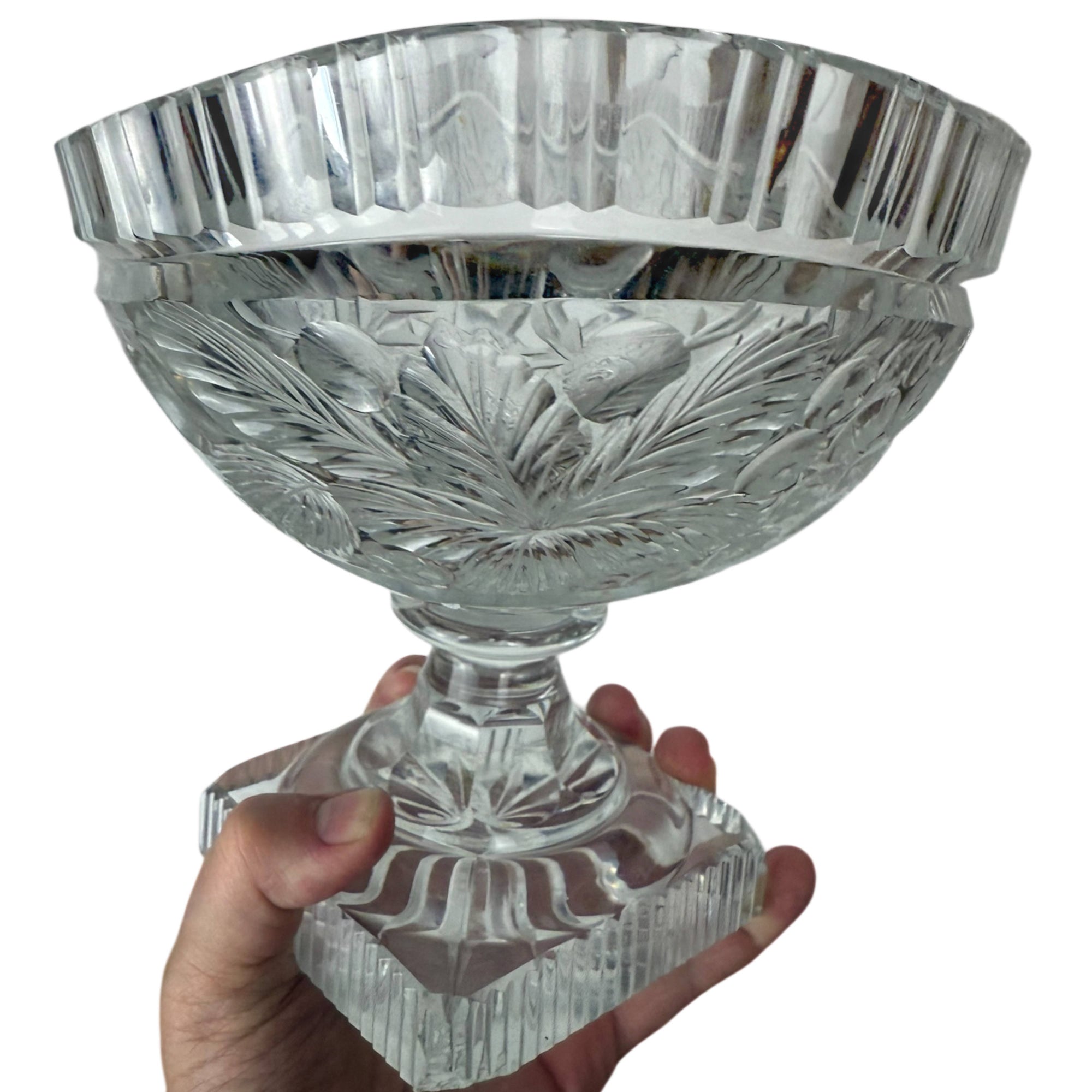 Antique Anglo-Irish Cut Glass Compote Oval Pedestal Bowl