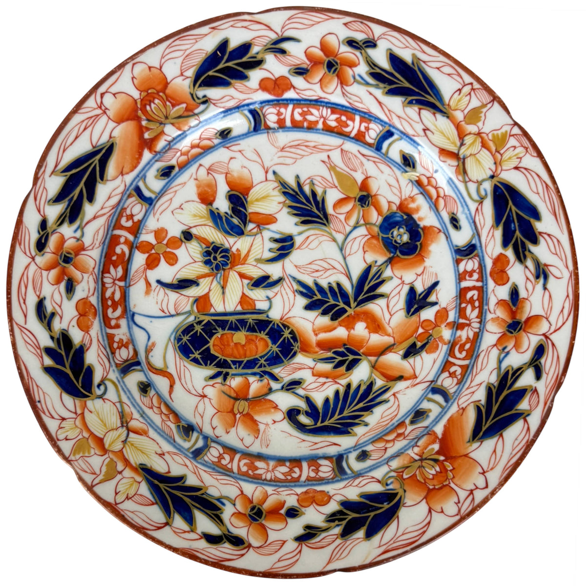 Antique English Imari ironstone plate c. 1820–1830 with floral vase decoration