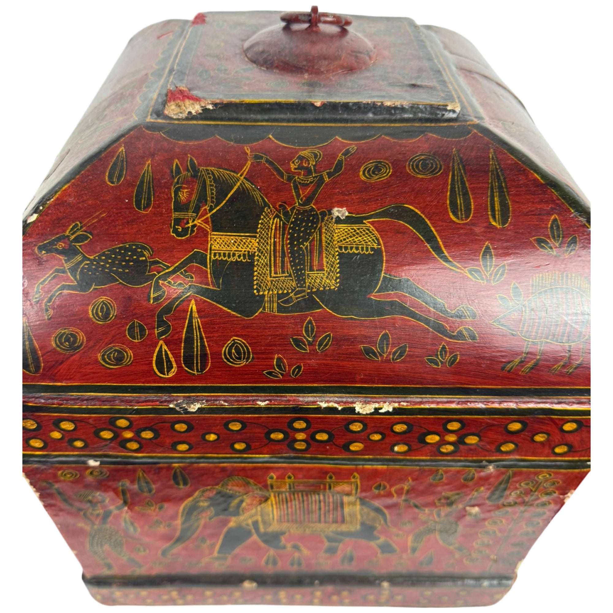 Antique Indian Papier-Mâché Painted Box – Hunting Scenes