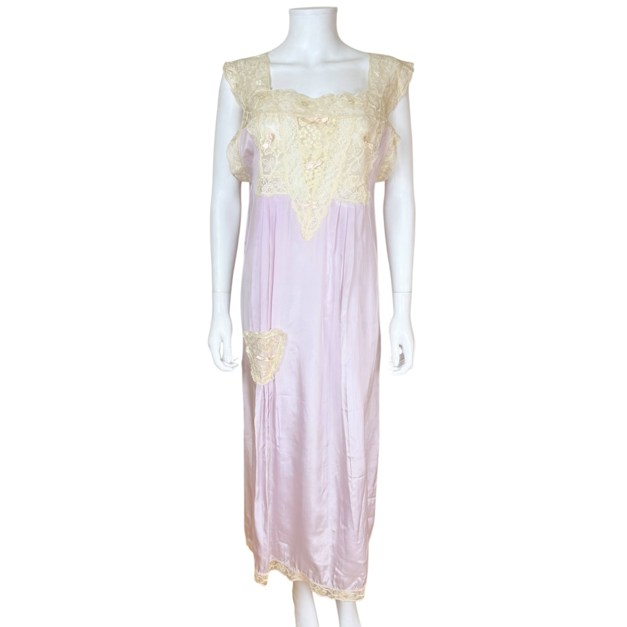 Front view of antique 1920s lilac silk nightgown 
