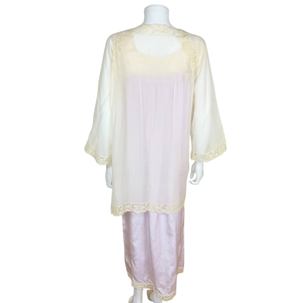 Back view of antique 1920s lilac silk nightgown with matching cream chiffon bed jacket