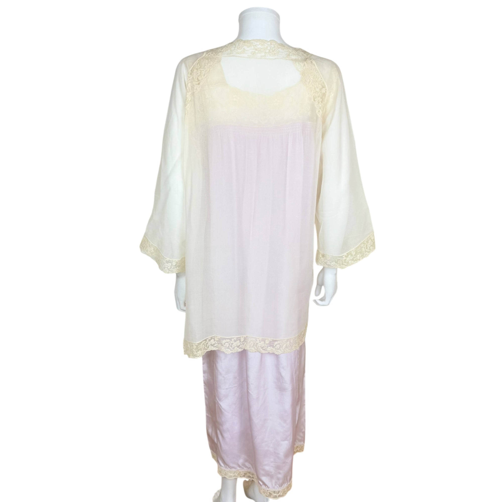 Back view of antique 1920s lilac silk nightgown with matching cream chiffon bed jacket